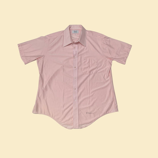 70s men's pink shirt by Qiana JCPenny, vintage 1970s short sleeve ribbed and collared pink shirt in size 17