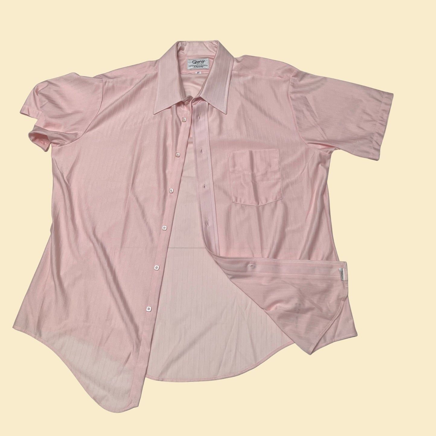 70s men's pink shirt by Qiana JCPenny, vintage 1970s short sleeve ribbed and collared pink shirt in size 17