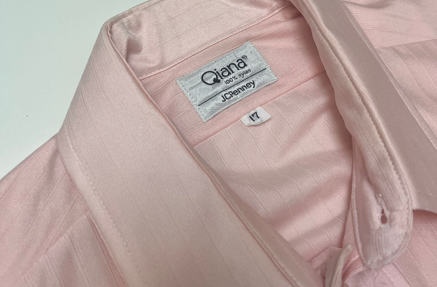 70s men's pink shirt by Qiana JCPenny, vintage 1970s short sleeve ribbed and collared pink shirt in size 17