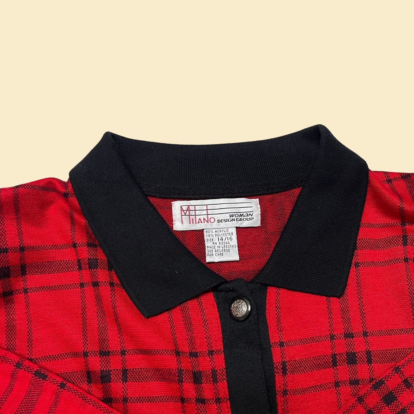 80s plaid cardigan sweater in size 14/16 by Milano Woman Design Group, vintage red and black plaid women's sweater