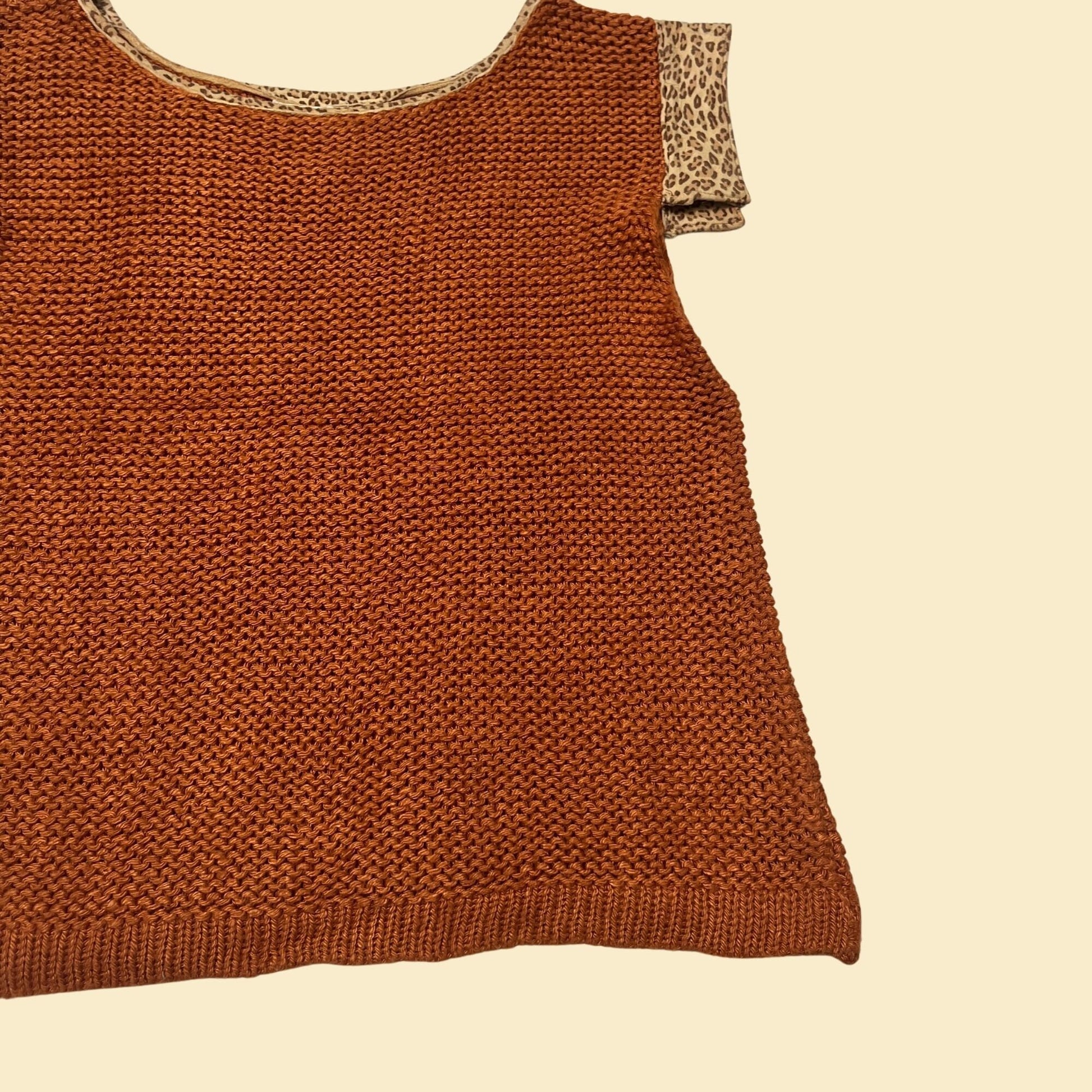 70s knit tank top / vest in burnt orange with leopard print details by Marie Barone, size small vintage women's top