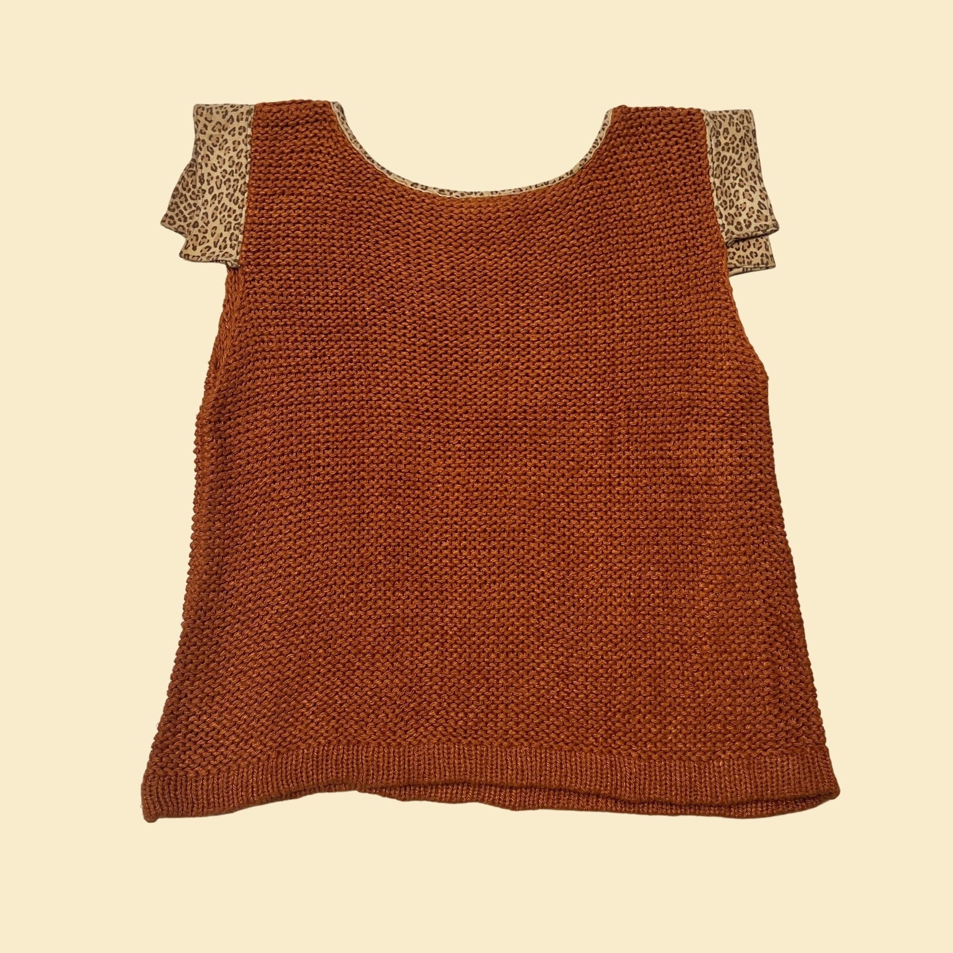 70s knit tank top / vest in burnt orange with leopard print details by Marie Barone, size small vintage women's top