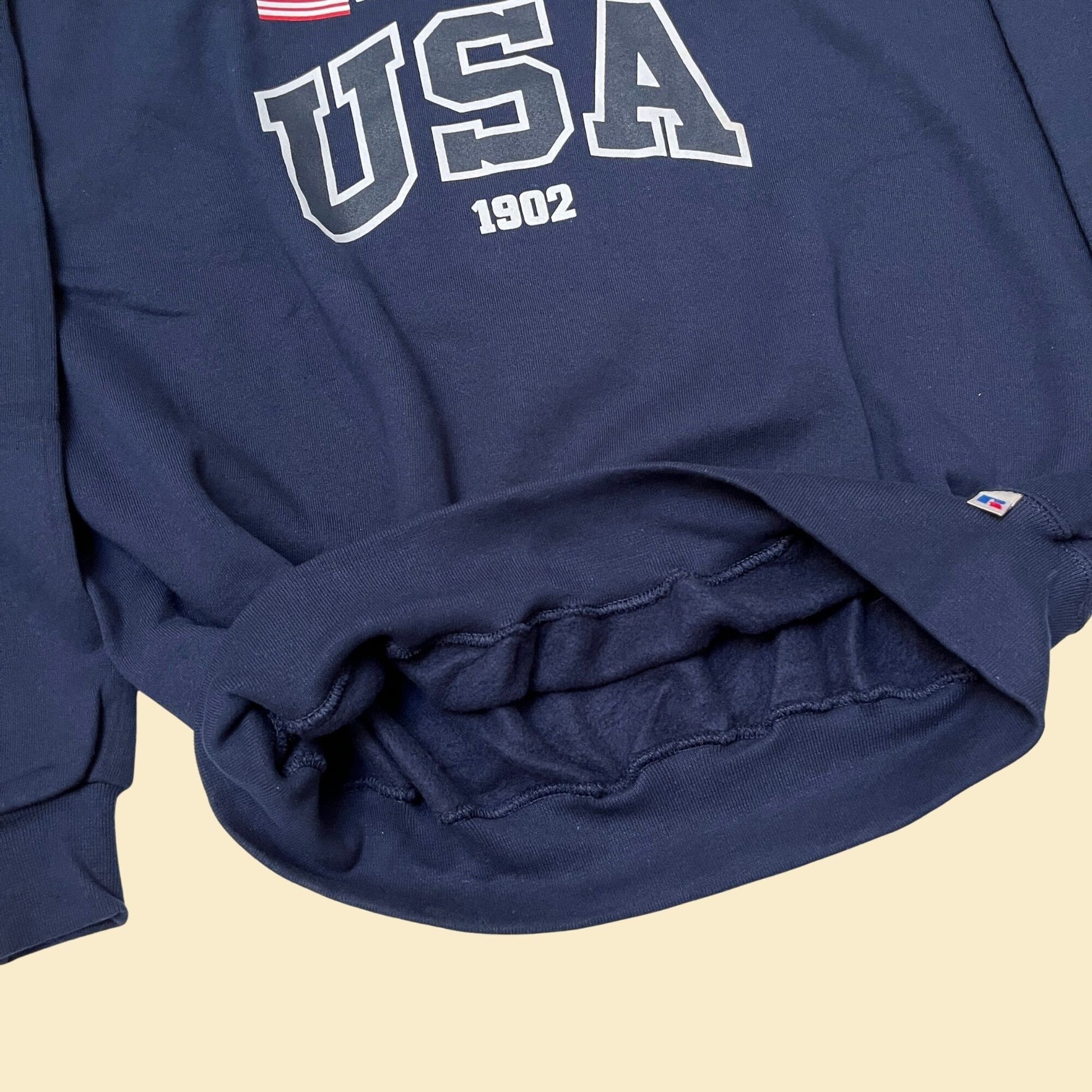 90s XXL Russell Athletic American flag crewneck sweatshirt, vintage 1990s Russel Athletic USA 1902 front logo pullover