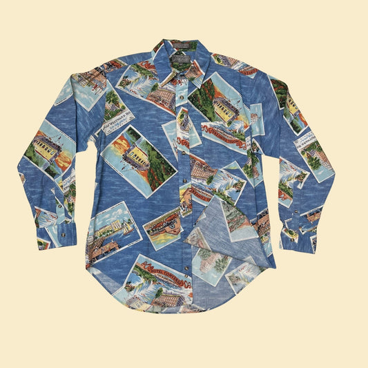 Crazy 70s shirt with post card / hotel theme in size M by Lord & Taylor Kensington Collection, vintage 1970s button down