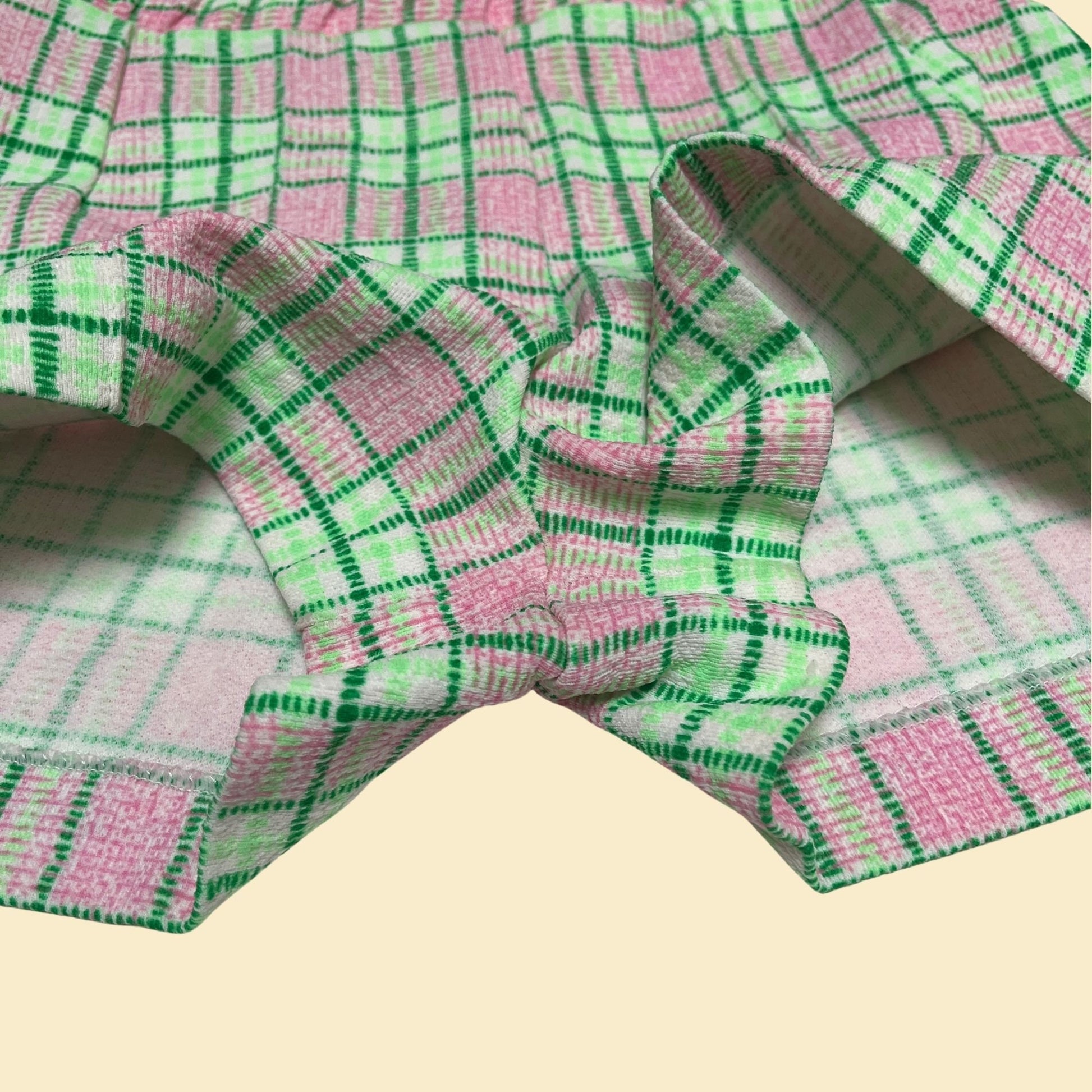 70s plaid women's shorts by Miss Holly, 29" waist plaid mini shorts, vintage 1970s green, pink and white polyester shorts