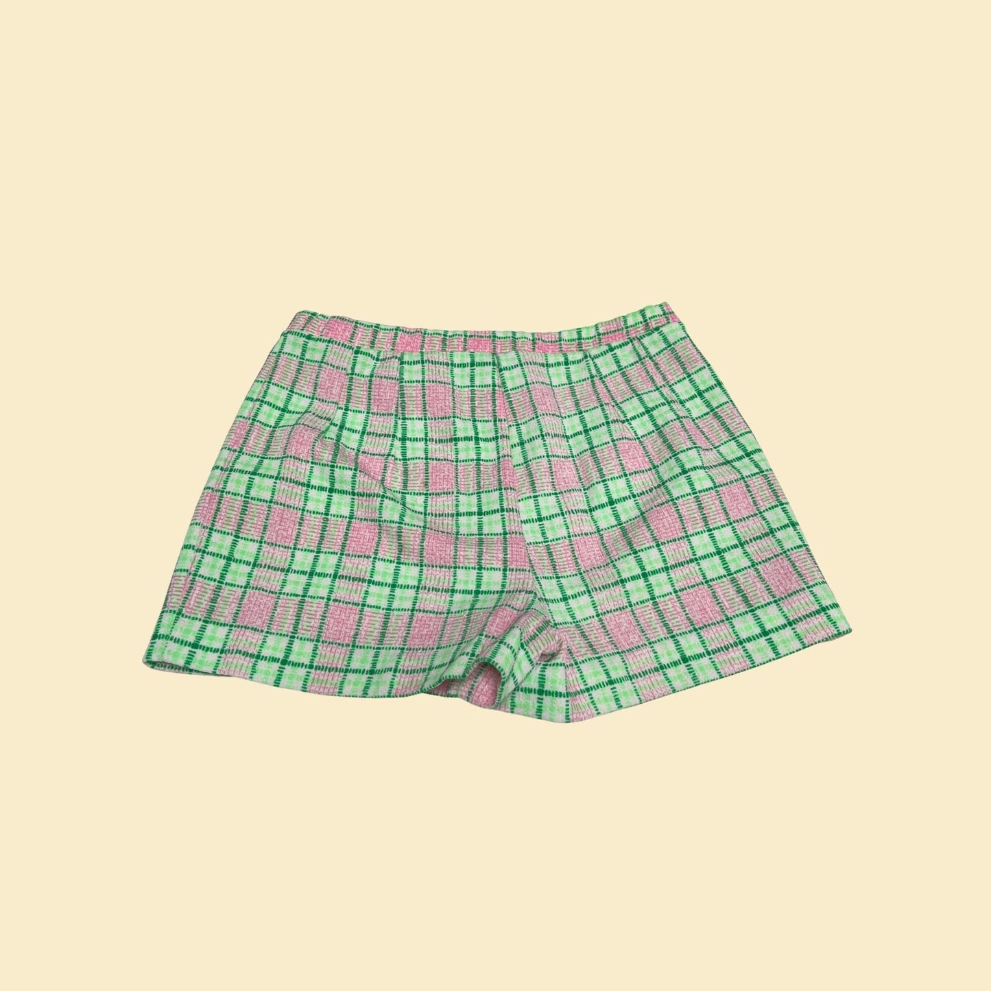 70s plaid women's shorts by Miss Holly, 29" waist plaid mini shorts, vintage 1970s green, pink and white polyester shorts