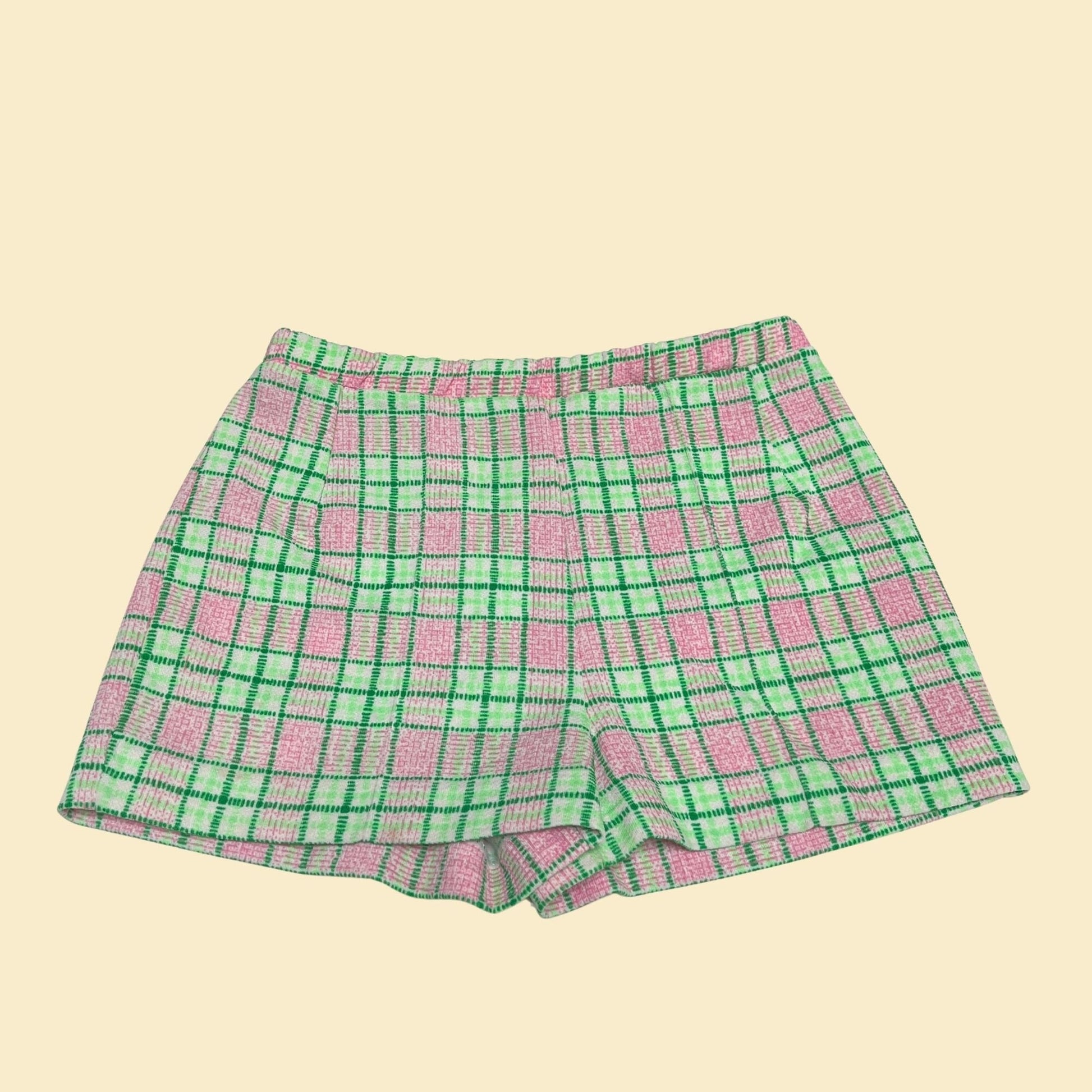 70s plaid women's shorts by Miss Holly, 29" waist plaid mini shorts, vintage 1970s green, pink and white polyester shorts