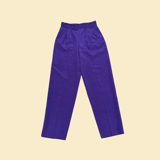 Purple 70s high waisted pants, 29" waist vintage women's pants, 1970s high rise purple polyester pants