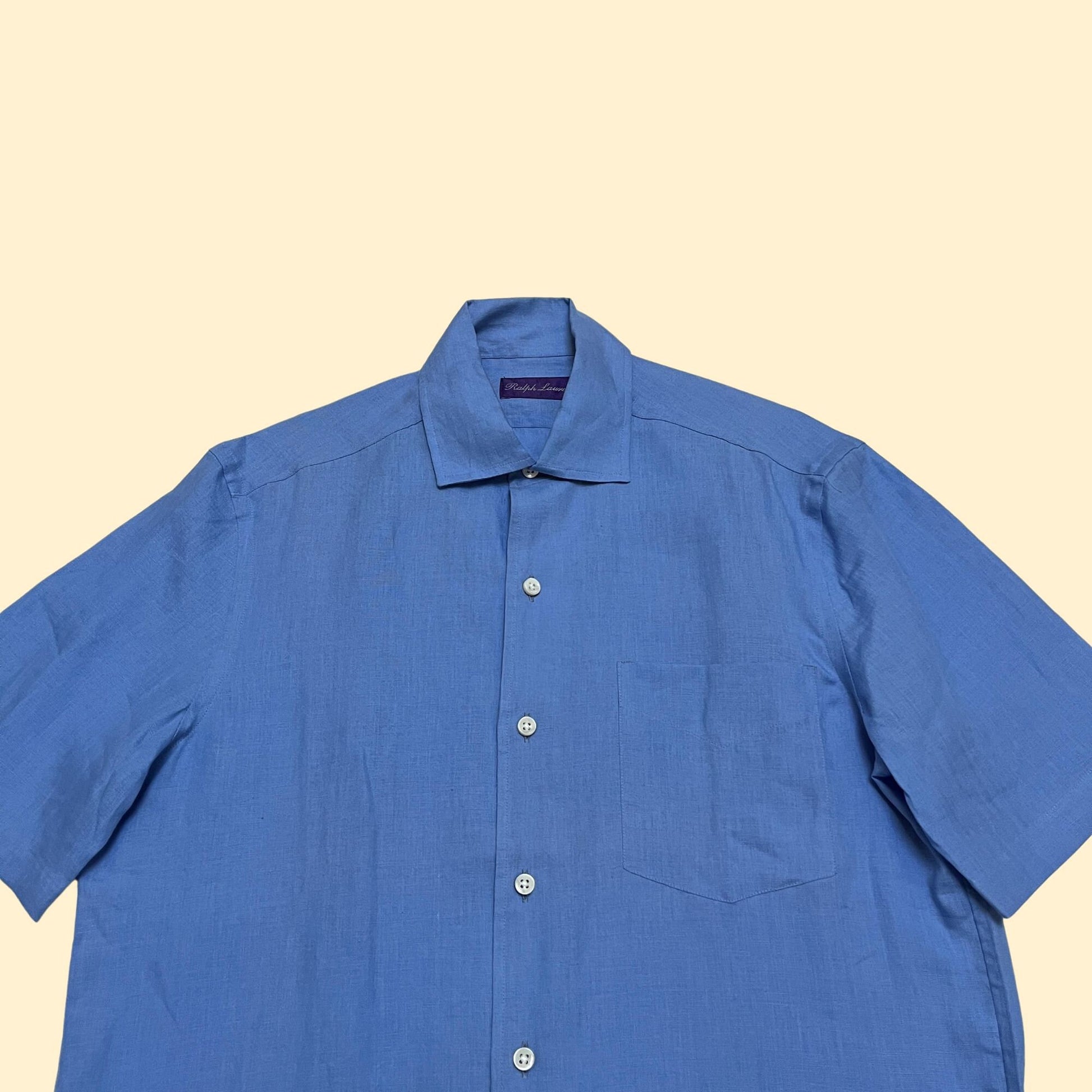 90s Ralph Lauren purple label linen blue shirt, made in Italy, men's size small vintage short sleeve button down