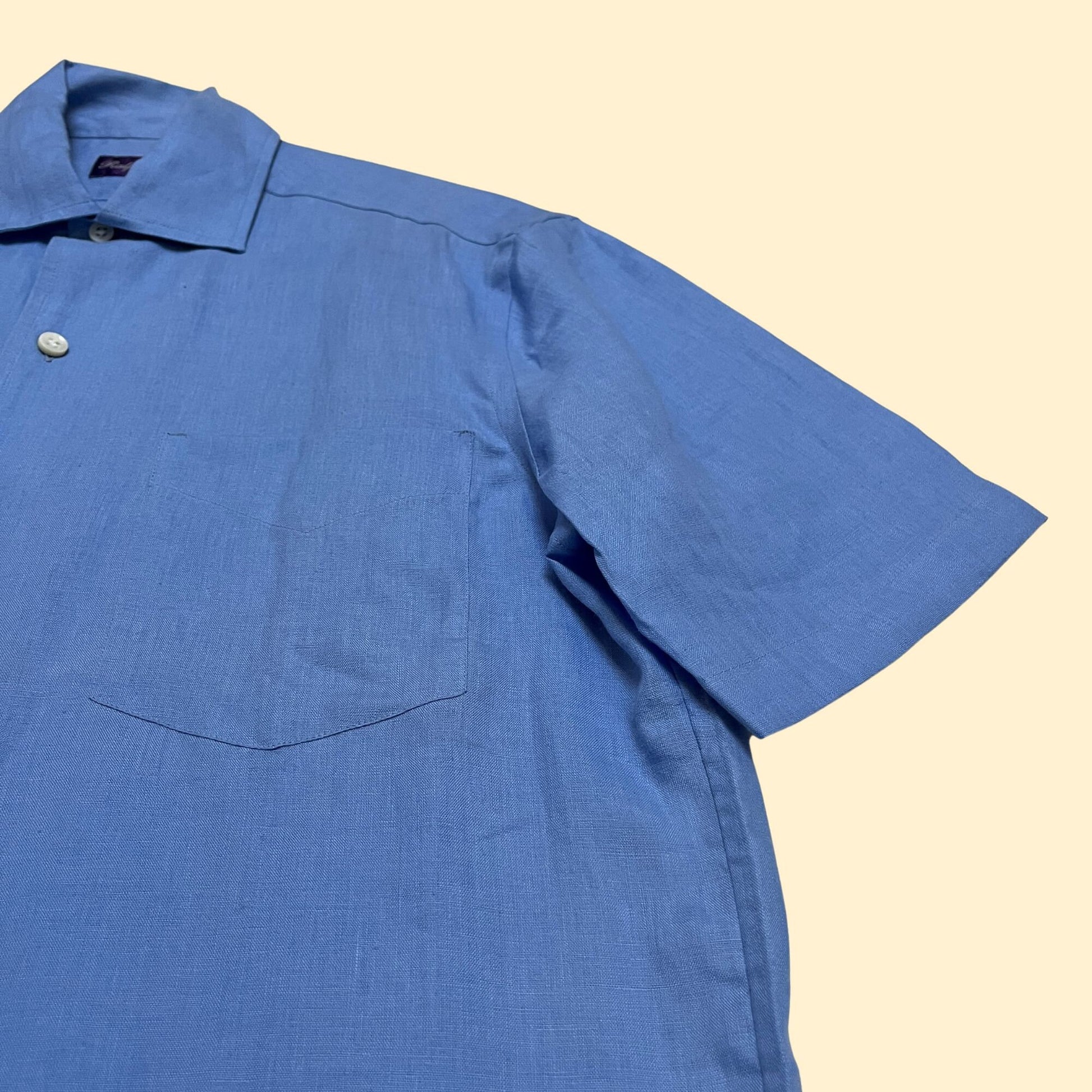 90s Ralph Lauren purple label linen blue shirt, made in Italy, men's size small vintage short sleeve button down