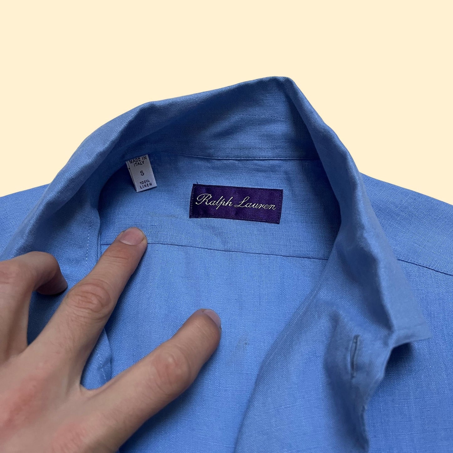 90s Ralph Lauren purple label linen blue shirt, made in Italy, men's size small vintage short sleeve button down