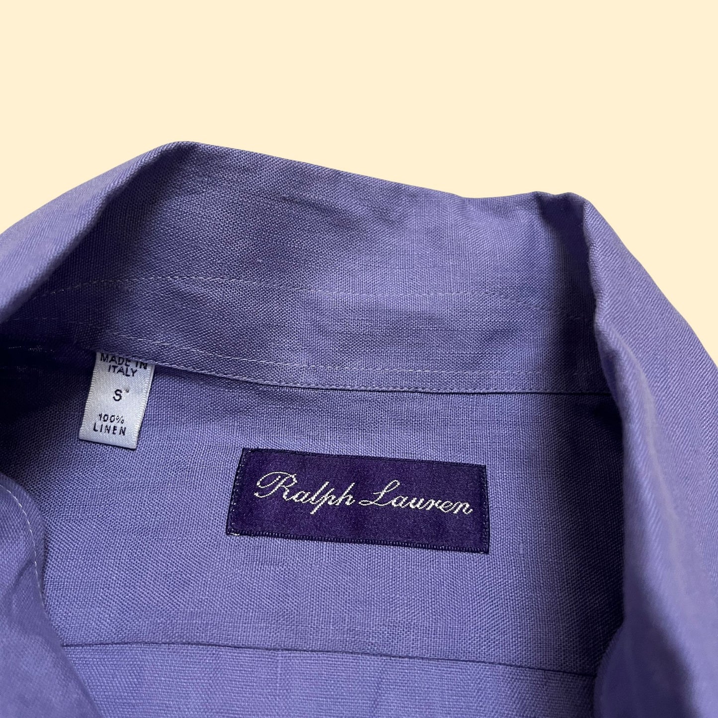 90s Ralph Lauren purple label linen purple shirt, made in Italy, men's size small vintage short sleeve button down