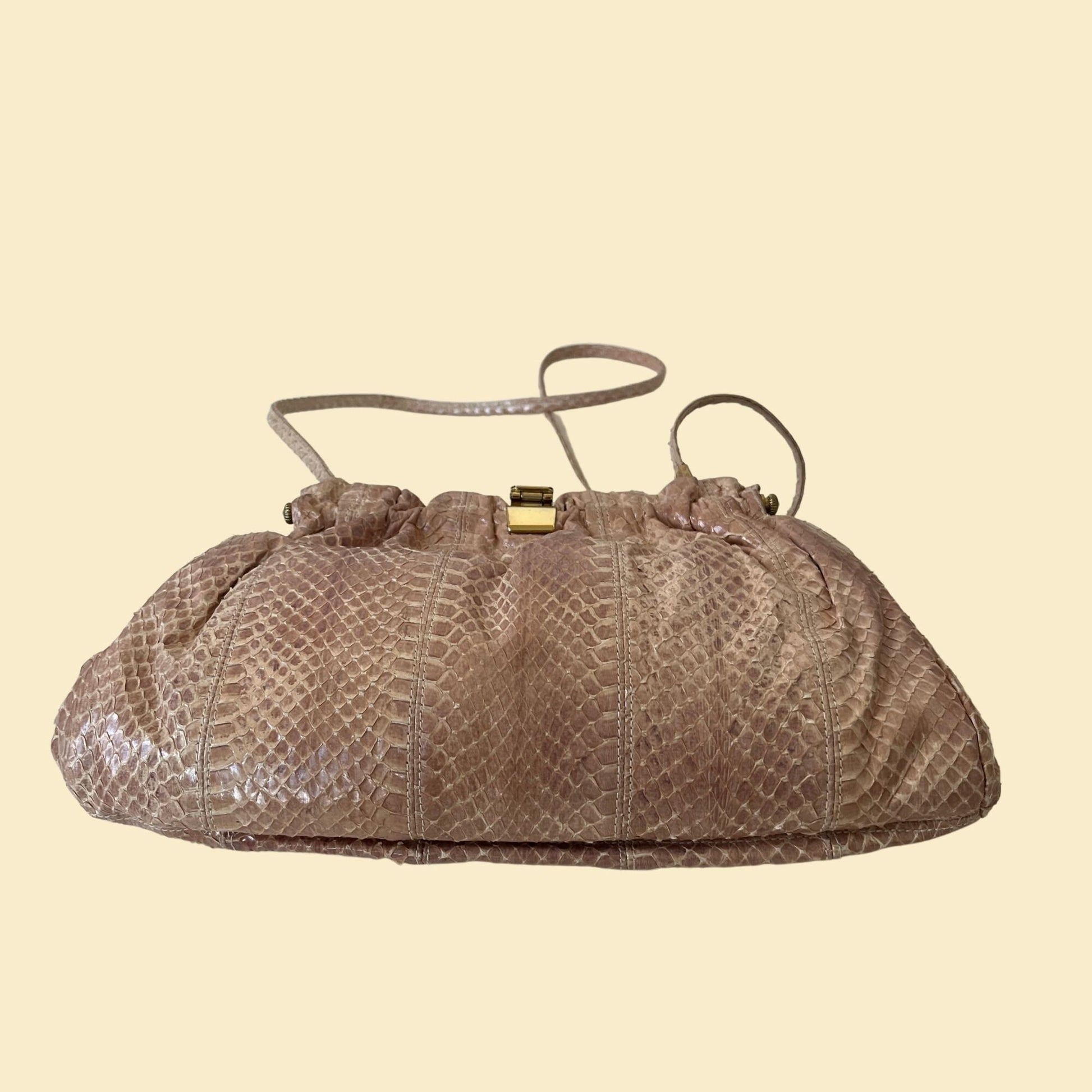 80s snake skin bag by Bags by Varon, vintage 1980s beige/brown purse with shoulder strap