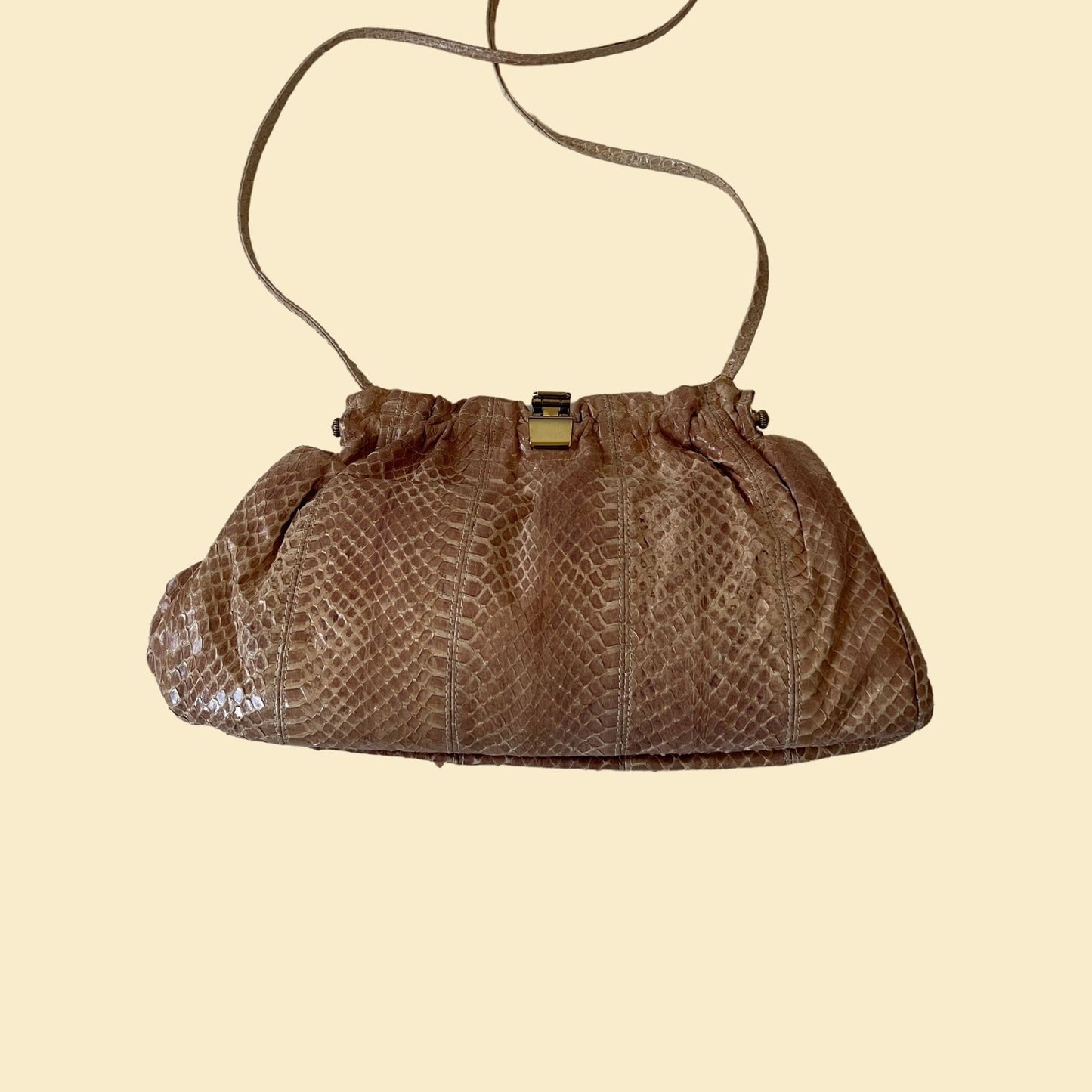 80s snake skin bag by Bags by Varon, vintage 1980s beige/brown purse with shoulder strap