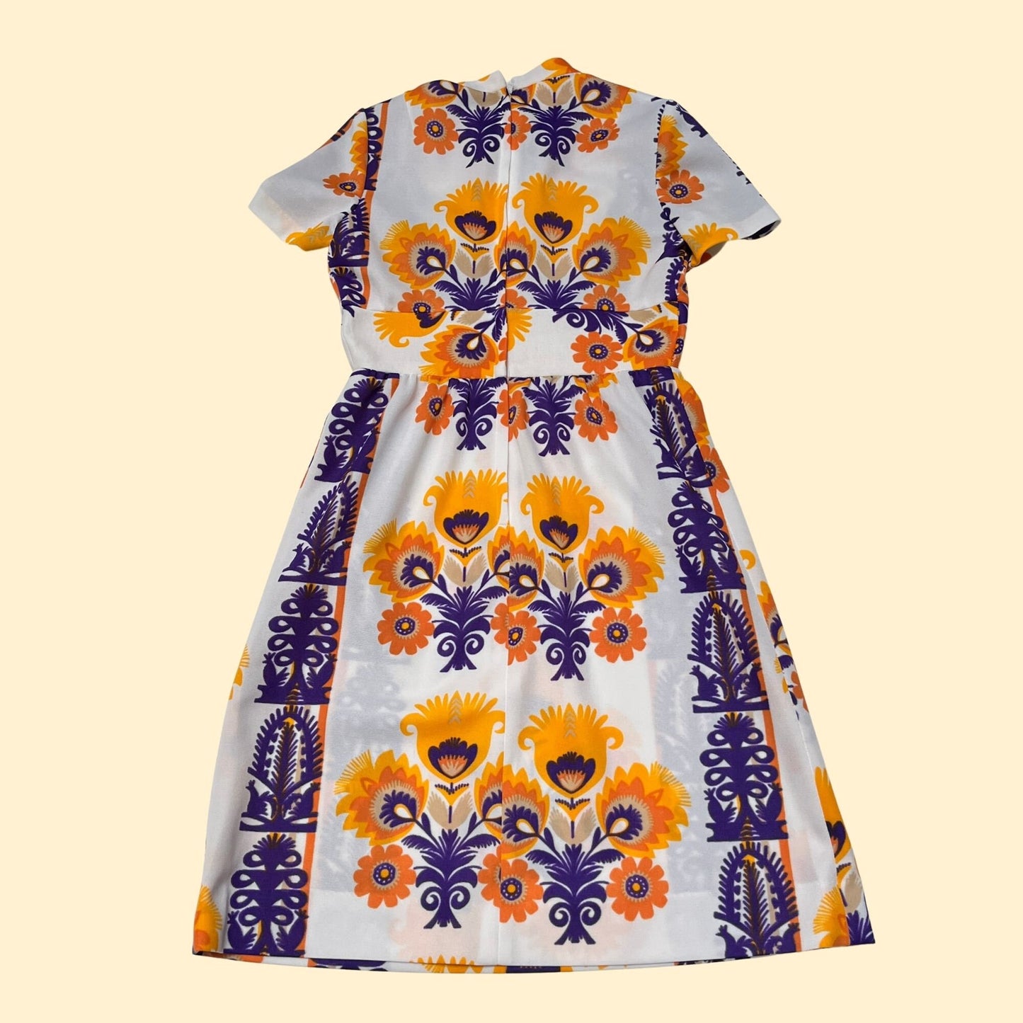 Psychedelic floral 70s dress, vintage purple & yellow patterned fit and flare dress with abstract novelty print