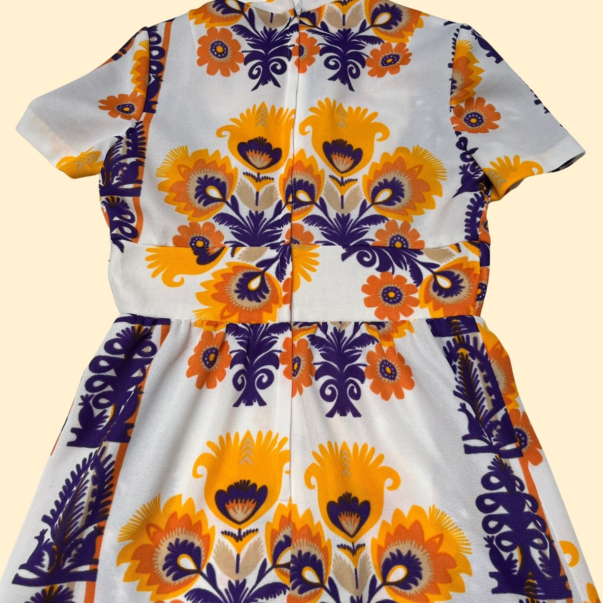 Psychedelic floral 70s dress, vintage purple & yellow patterned fit and flare dress with abstract novelty print