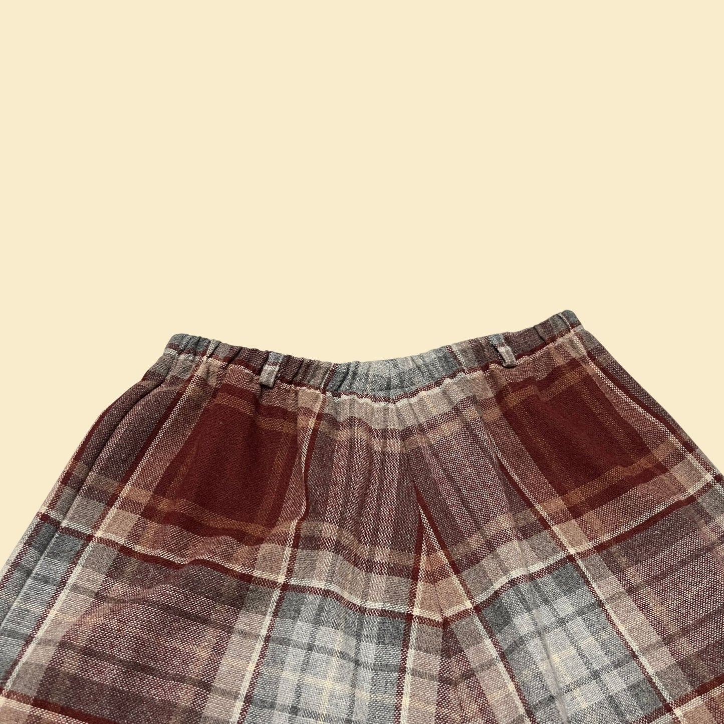 Vintage 28" plaid orange skirt, 1970s elastic midi skirt, vintage rust orange and grey plaid 70s a-line knee length skirt