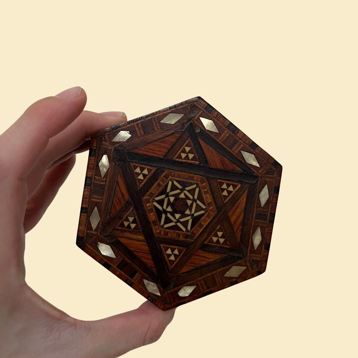 Vintage handmade wooden box with stone inlay, 1950s octagon shaped wooden trinket box, intricate geometric star/octangular box