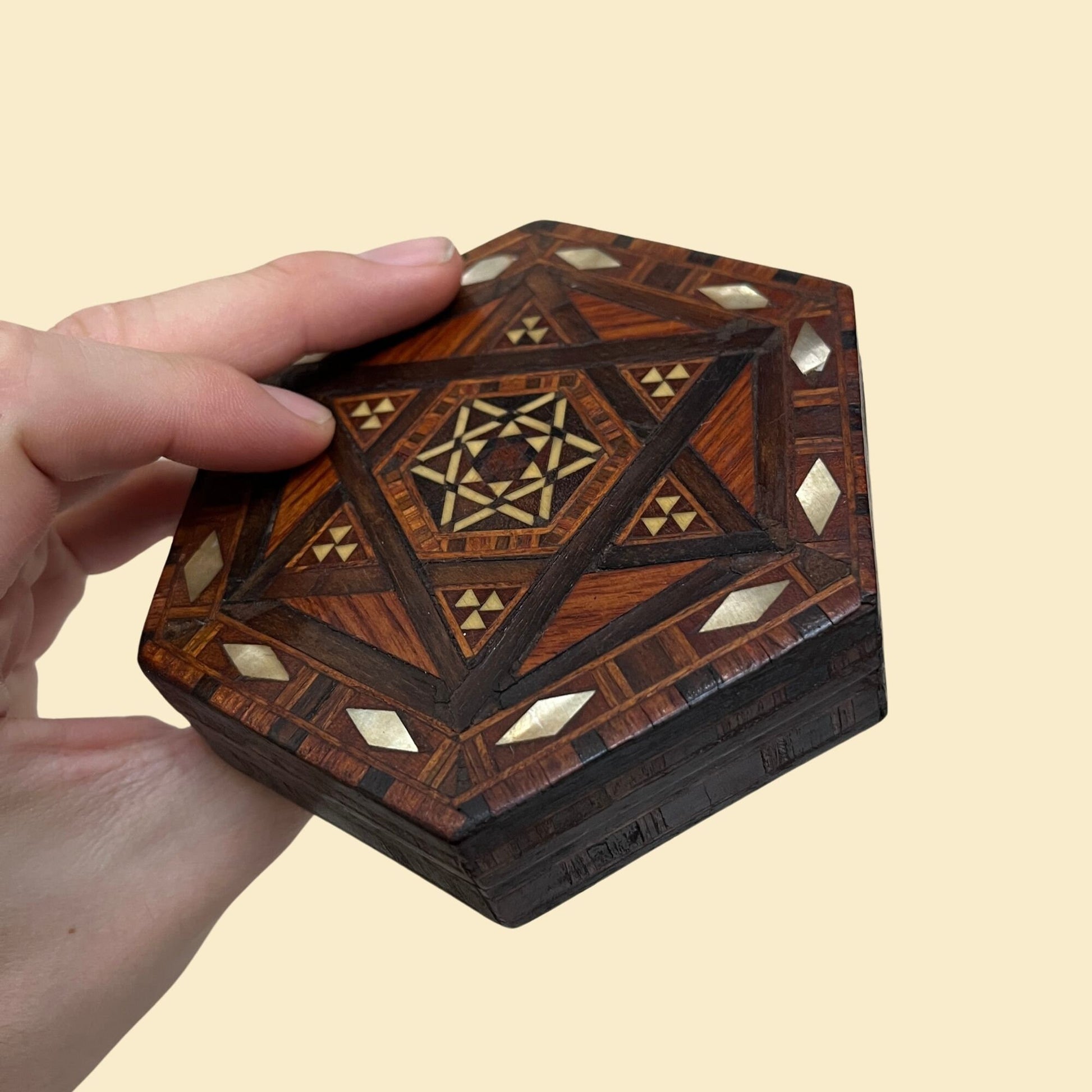 Vintage handmade wooden box with stone inlay, 1950s octagon shaped wooden trinket box, intricate geometric star/octangular box