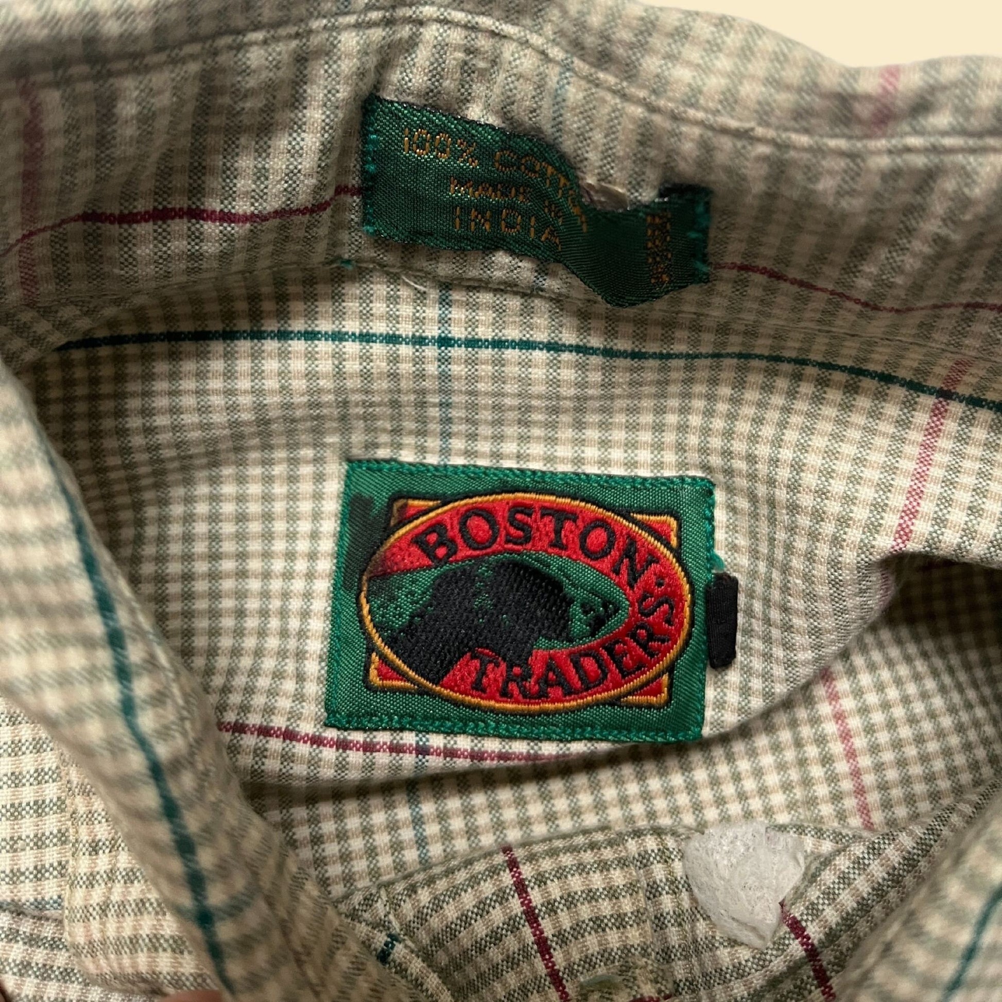 90s plaid M shirt by Boston Traders, vintage green, beige and pink 1990s flannel men's button down