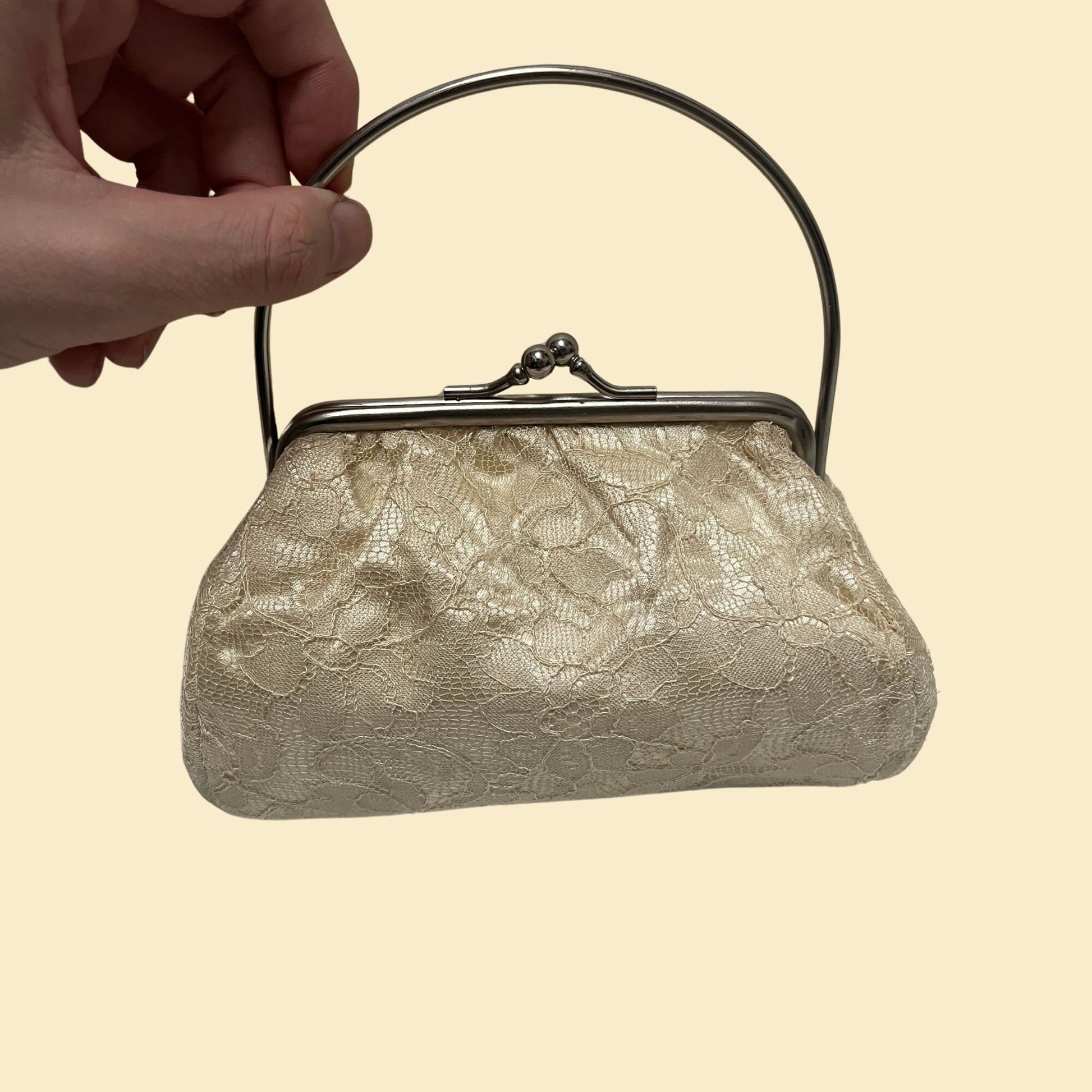 1950s white lace handbag, vintage 50s lacey purse with metal top handle and kiss lock