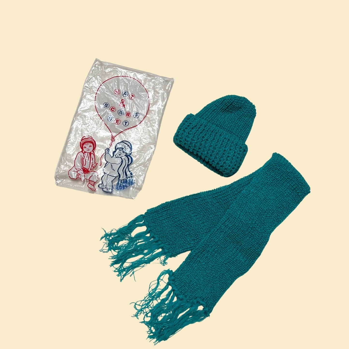 70s kids winter hat and scarf set in teal, new old stock acrylic winter accessories for children, vintage 1970s scarf and beanie