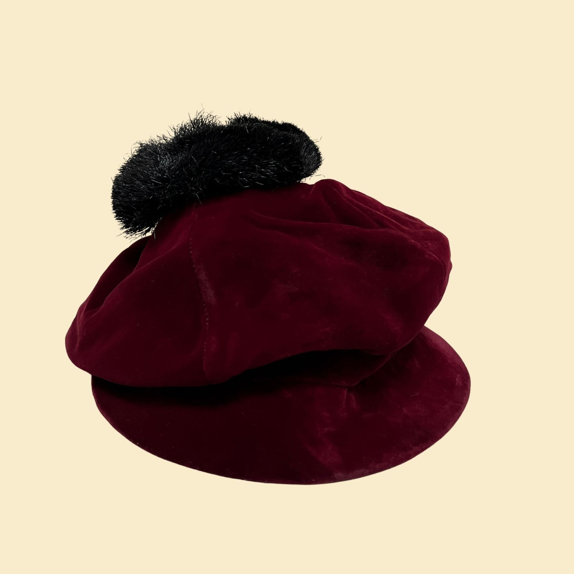 1950s velvet hat with pom pom by Adolfo II, Lord & Taylor burgundy women's cap, vintage 50s beret style hat in dark red and black