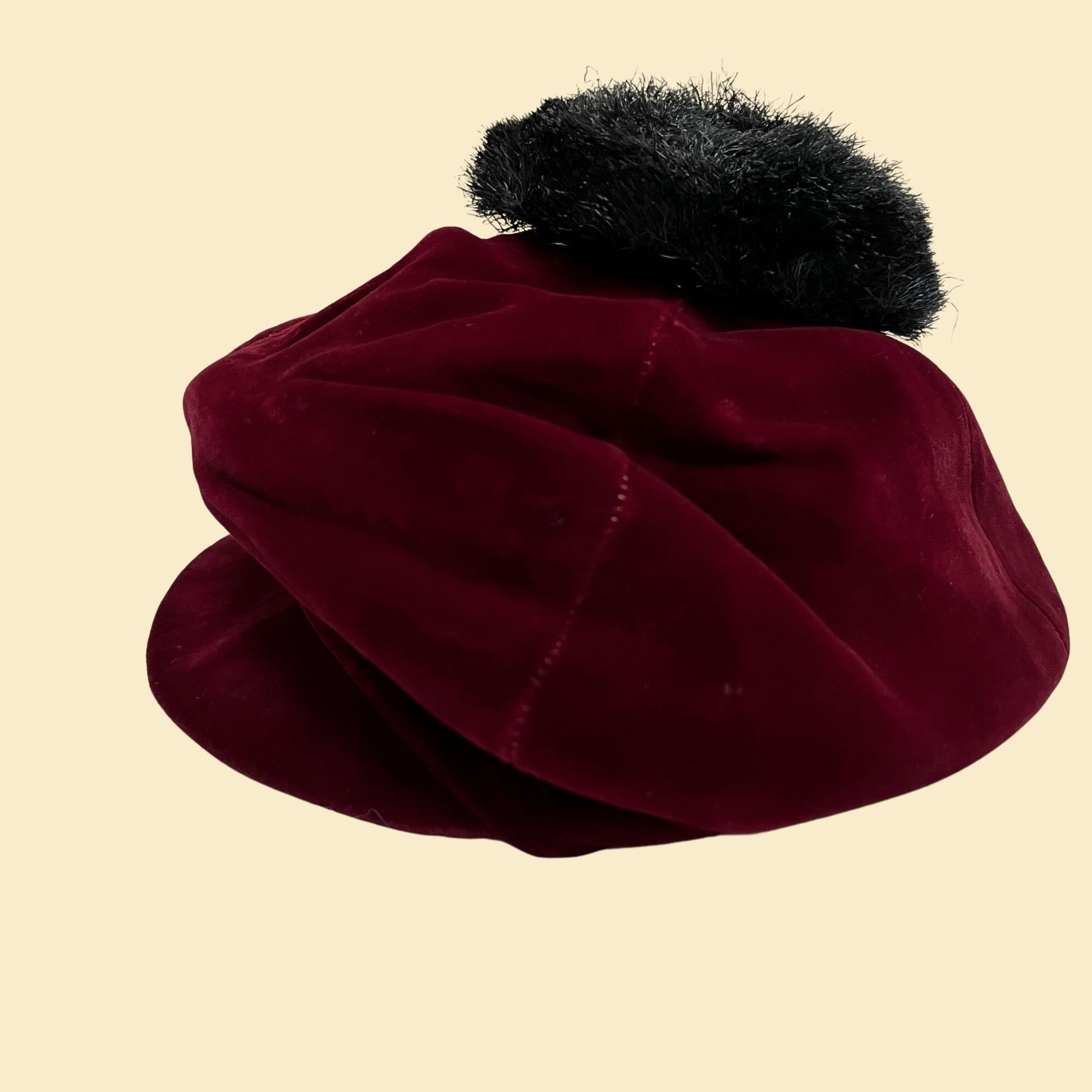 1950s velvet hat with pom pom by Adolfo II, Lord & Taylor burgundy women's cap, vintage 50s beret style hat in dark red and black