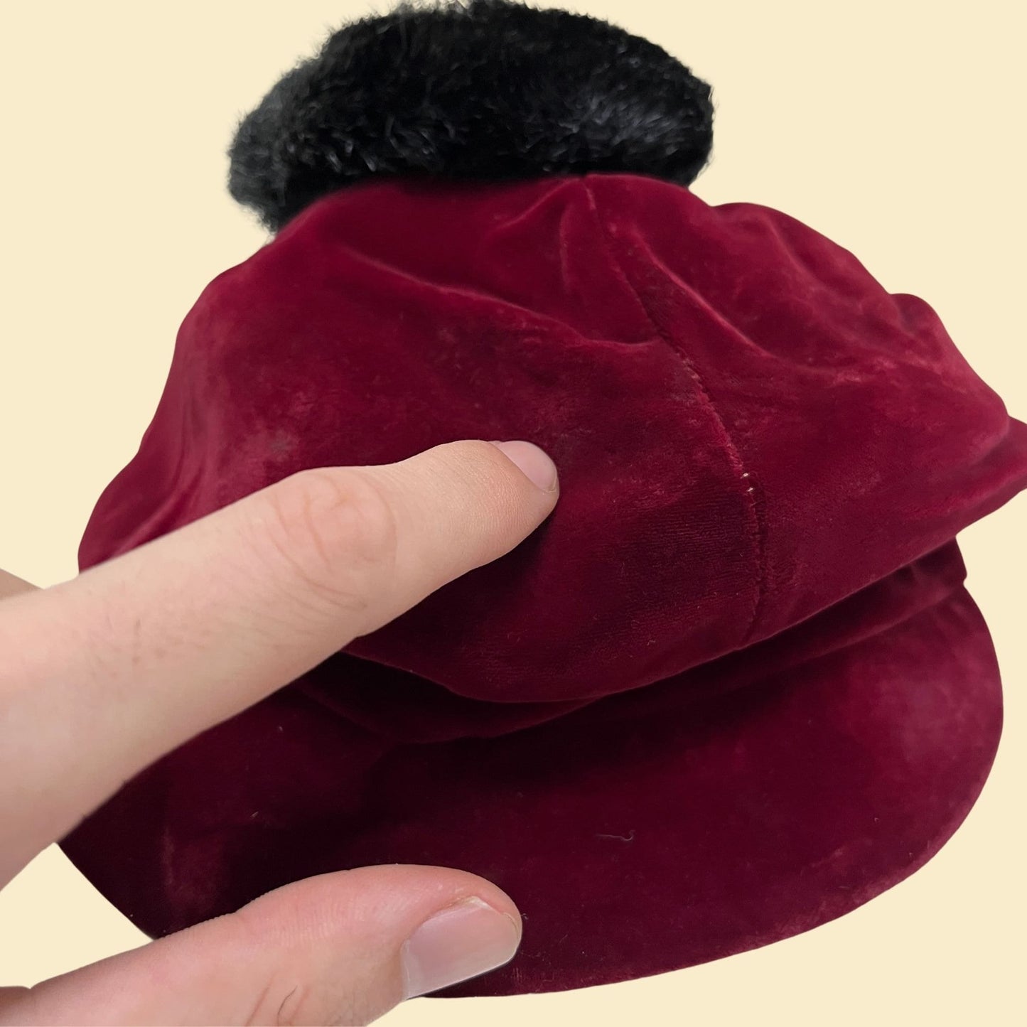 1950s velvet hat with pom pom by Adolfo II, Lord & Taylor burgundy women's cap, vintage 50s beret style hat in dark red and black