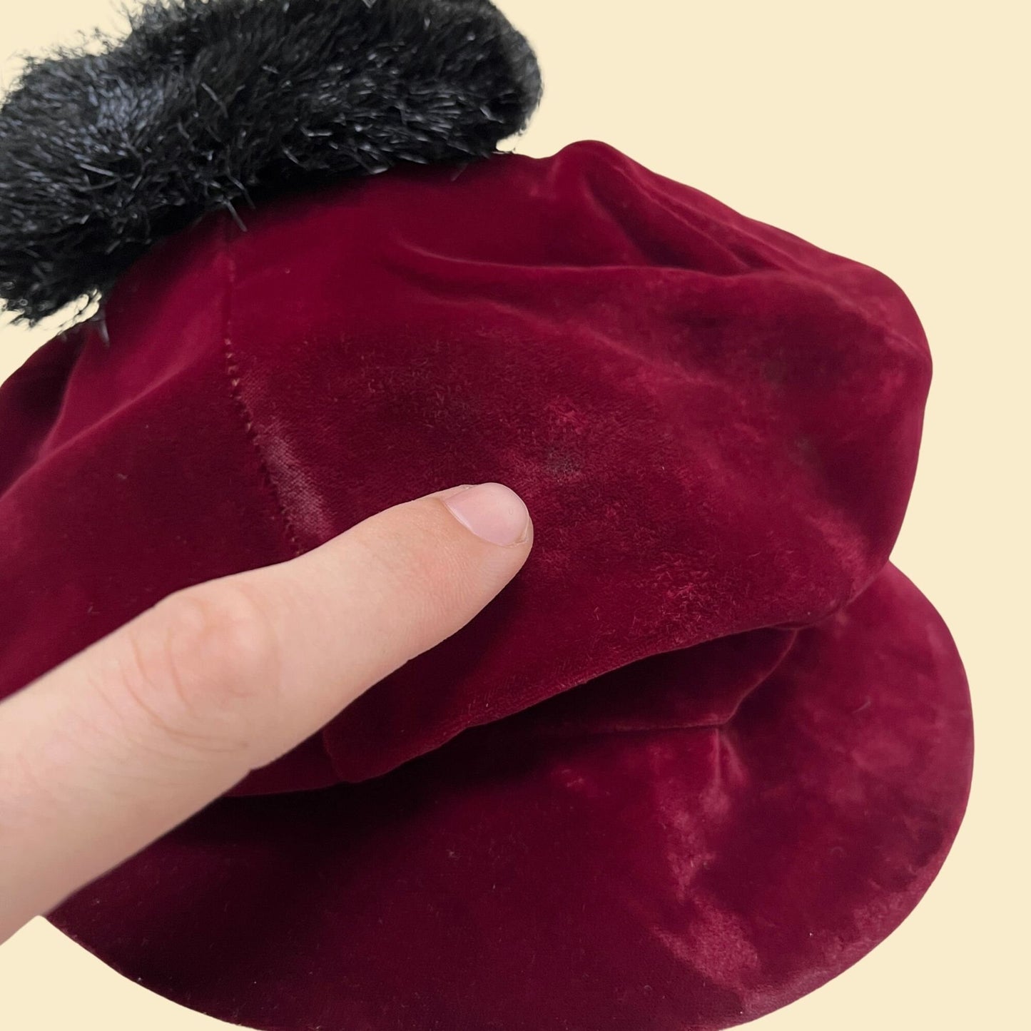 1950s velvet hat with pom pom by Adolfo II, Lord & Taylor burgundy women's cap, vintage 50s beret style hat in dark red and black