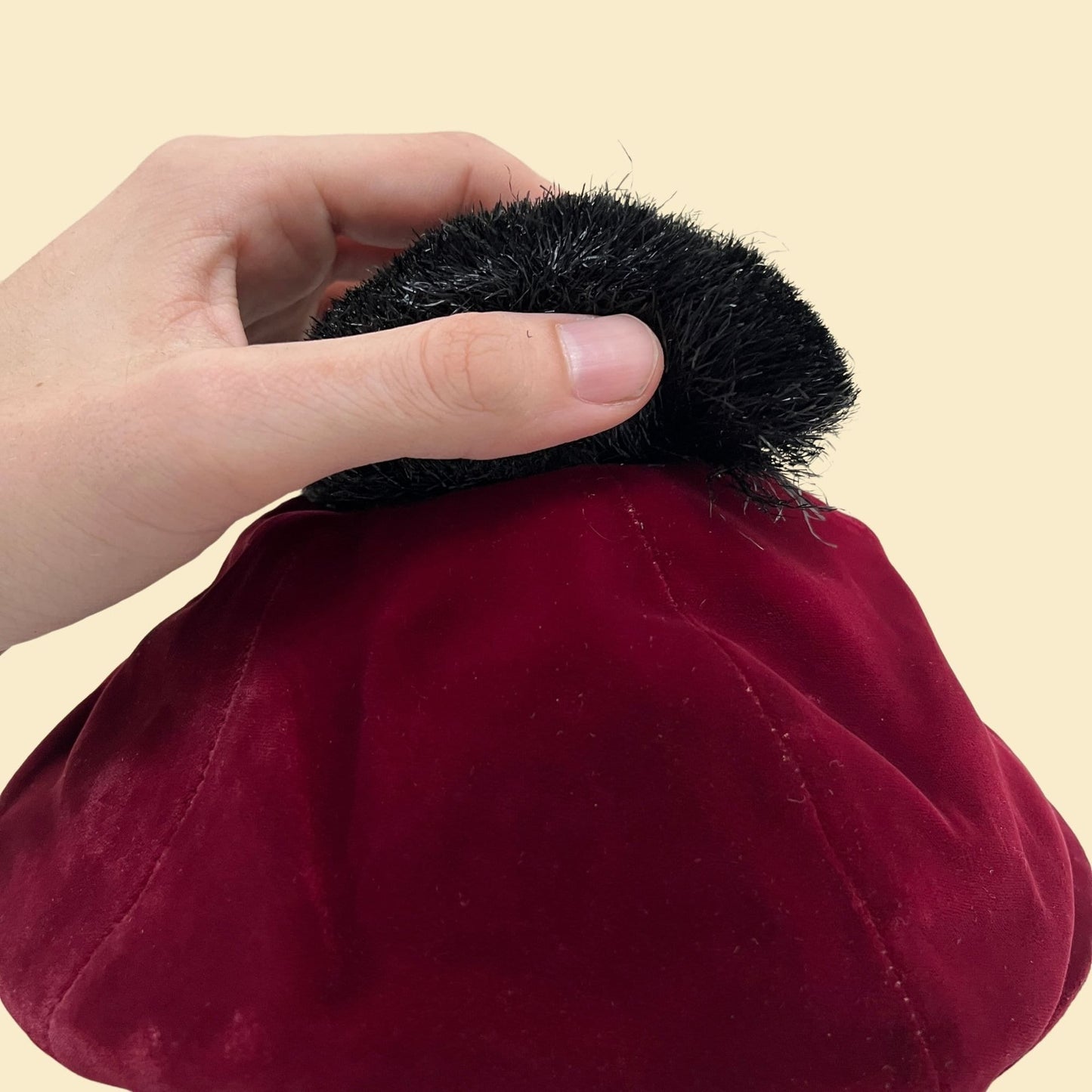 1950s velvet hat with pom pom by Adolfo II, Lord & Taylor burgundy women's cap, vintage 50s beret style hat in dark red and black