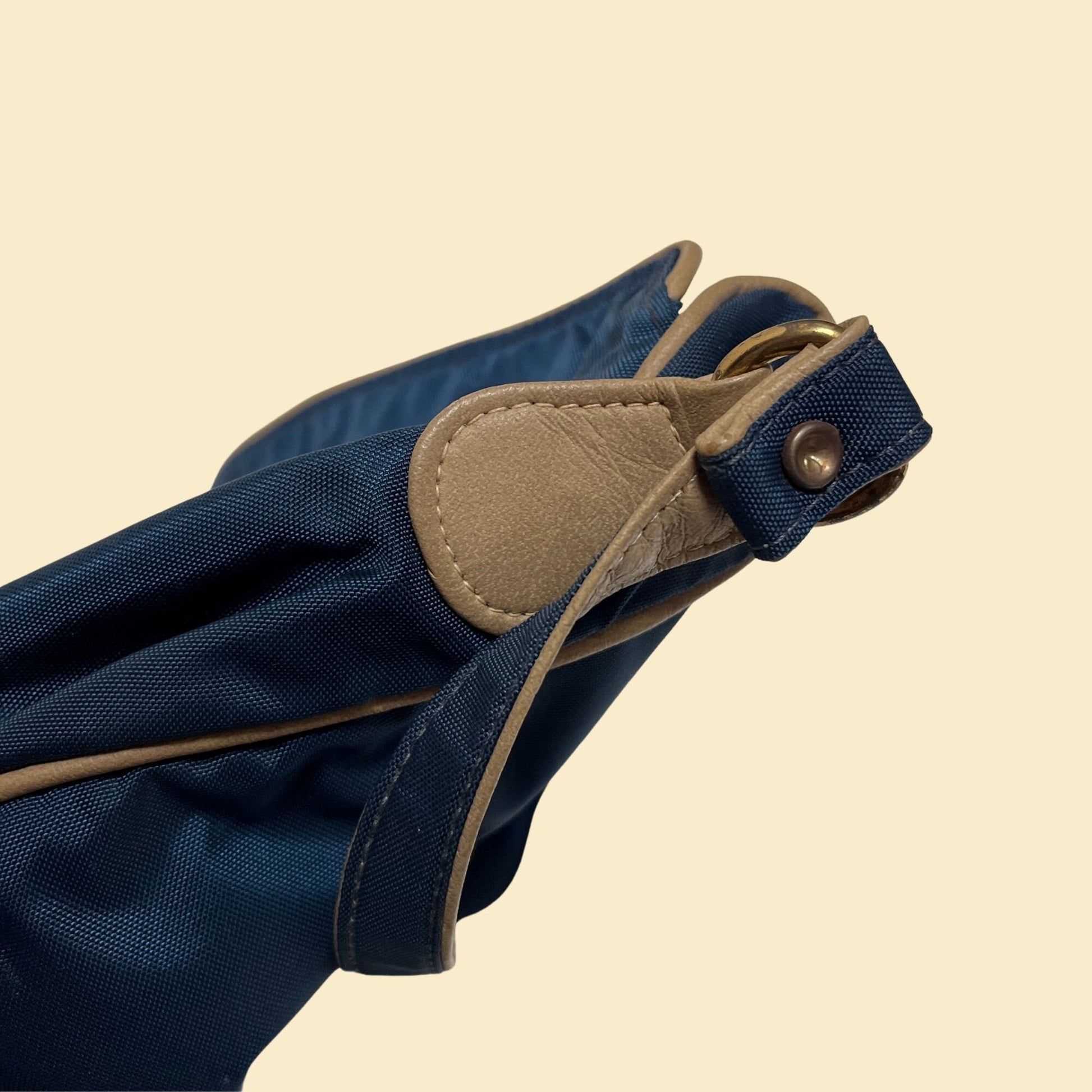 70s shoulder bag, vintage blue & beige leather/nylon travel bag with shoulder strap, 1970s casual purse