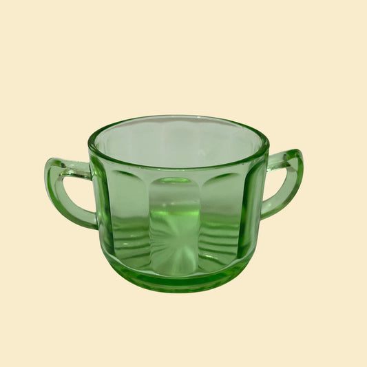 1940s uranium glass sugar bowl, small vintage green bowl bowl with handles, sugar bowl for cream and sugar set