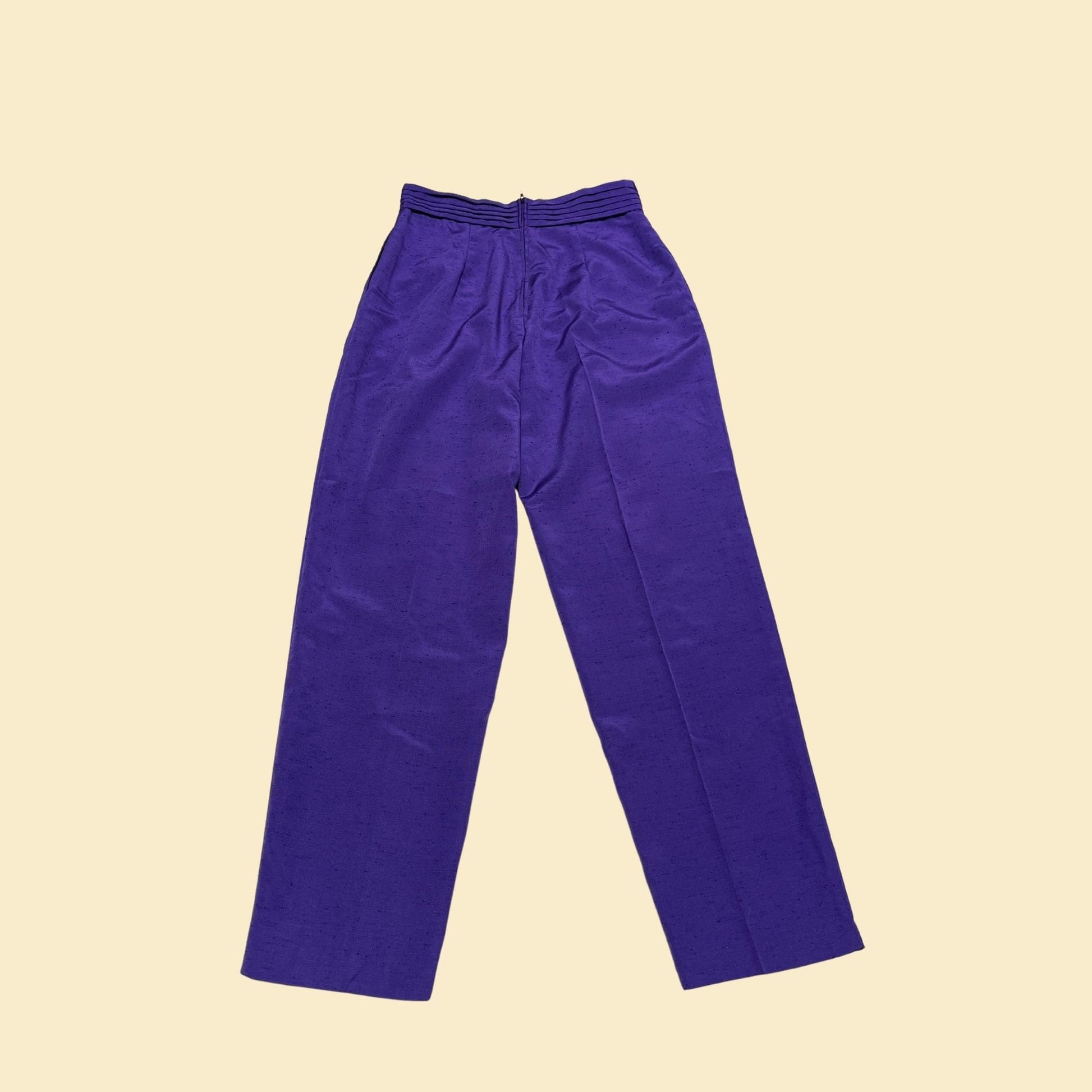 Purple 70s high waisted pants, 29" waist vintage women's pants, 1970s high rise purple polyester pants