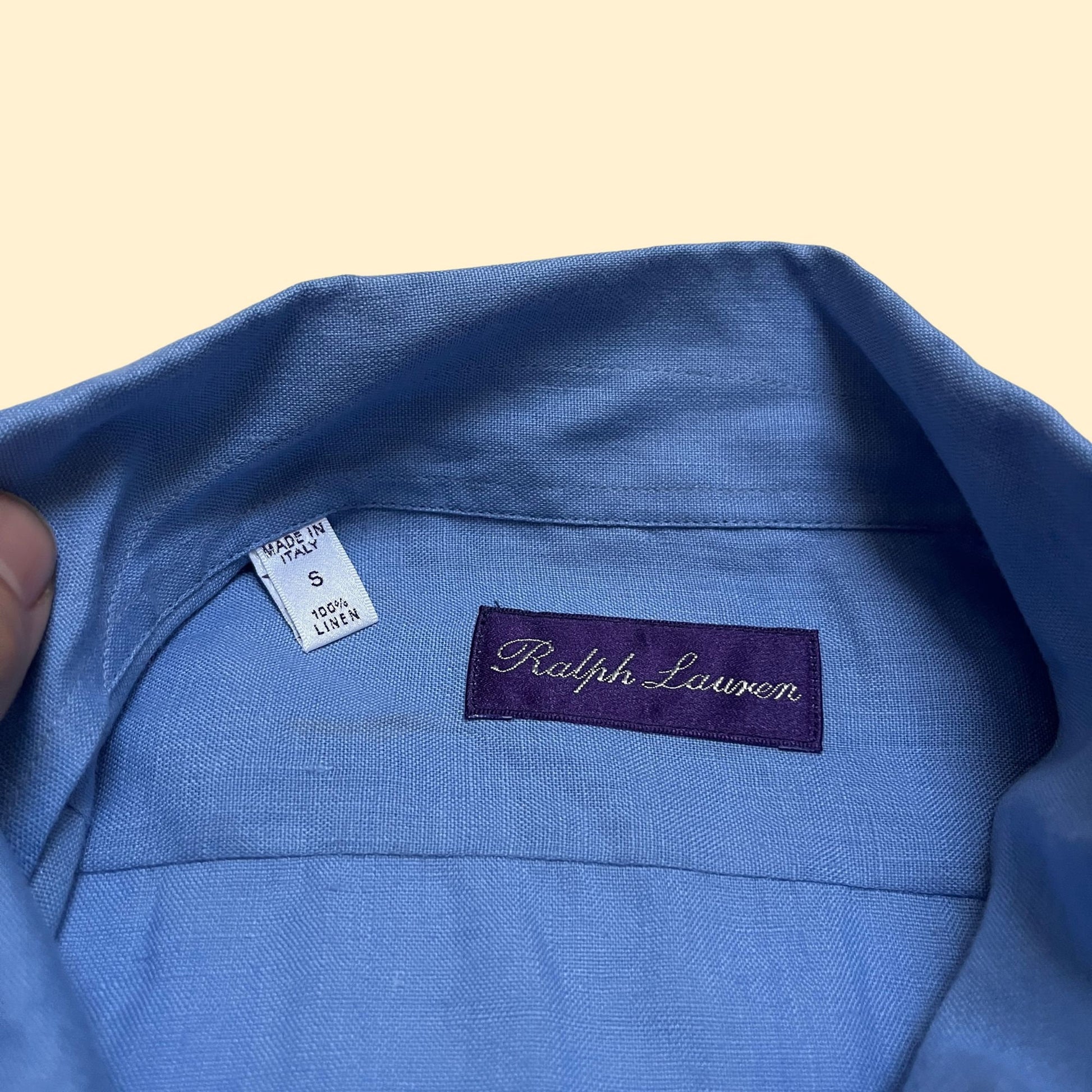 90s Ralph Lauren purple label linen blue shirt, made in Italy, men's size small vintage short sleeve button down