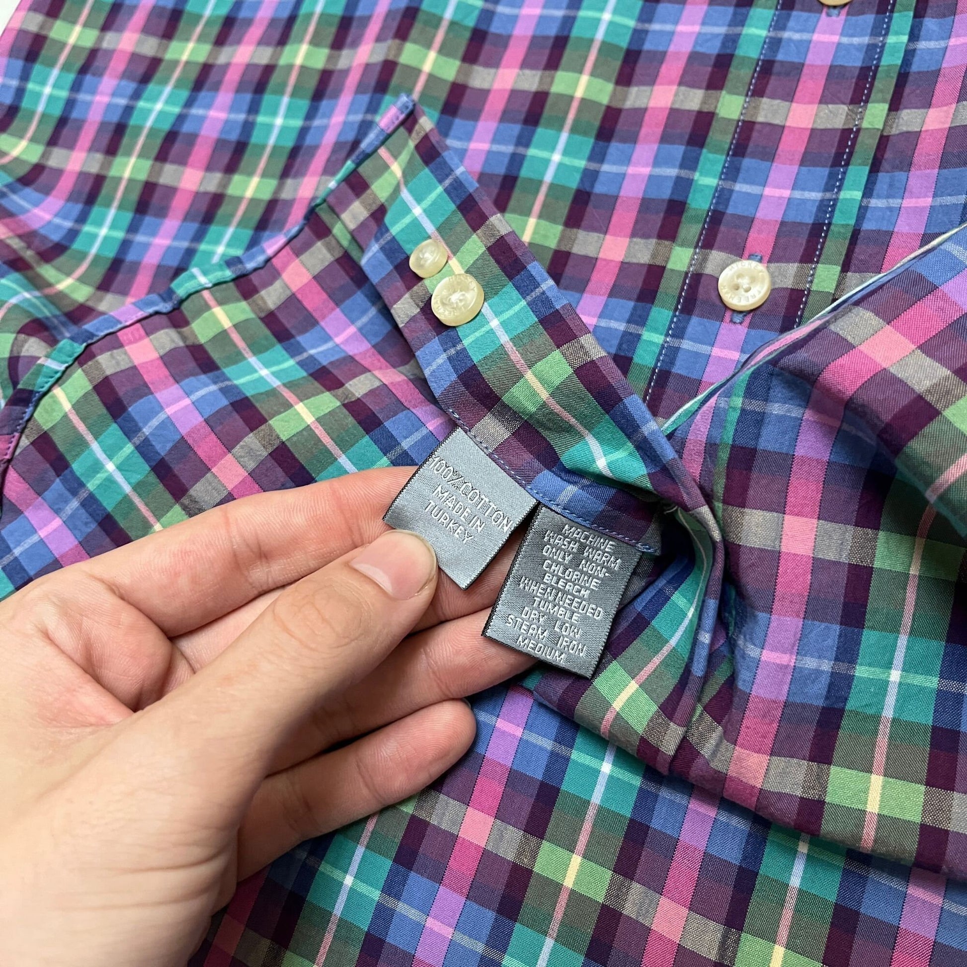 90s men's shirt by Hickey Freeman, size small, vintage 1990s plaid short sleeve teal and purple button down