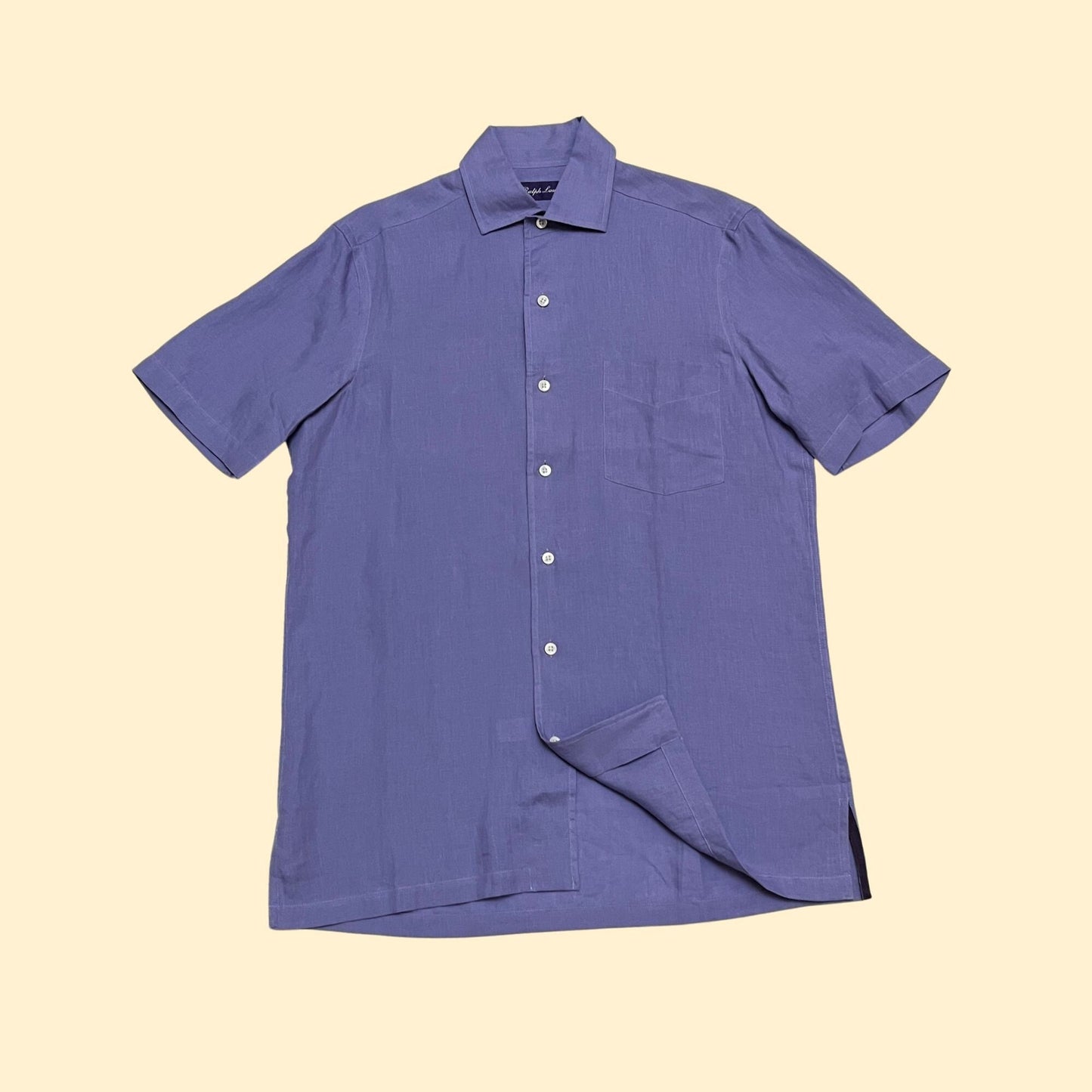 90s Ralph Lauren purple label linen purple shirt, made in Italy, men's size small vintage short sleeve button down