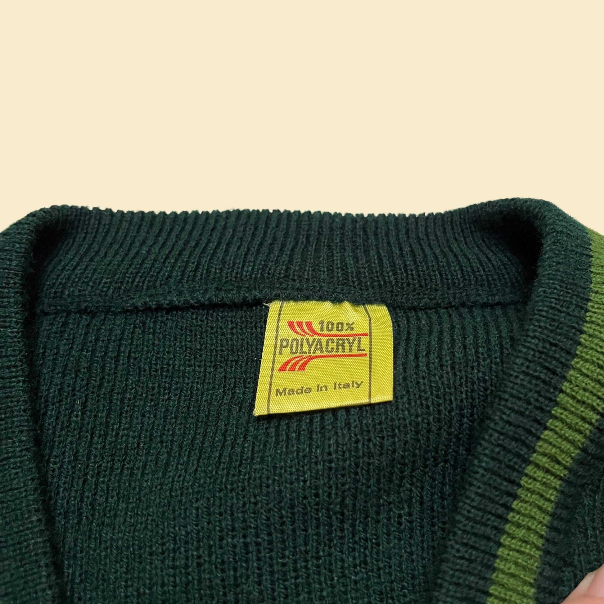 80s Italian green sweater, 100% Polyacryl green and white striped sweater, vintage green sweater