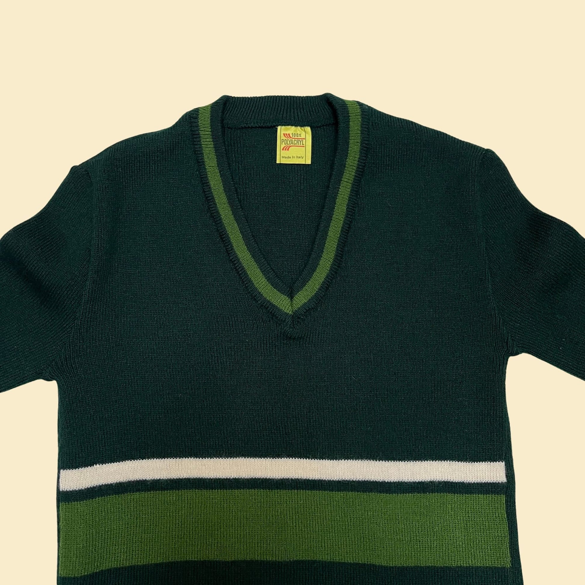 80s Italian green sweater, 100% Polyacryl green and white striped sweater, vintage green sweater