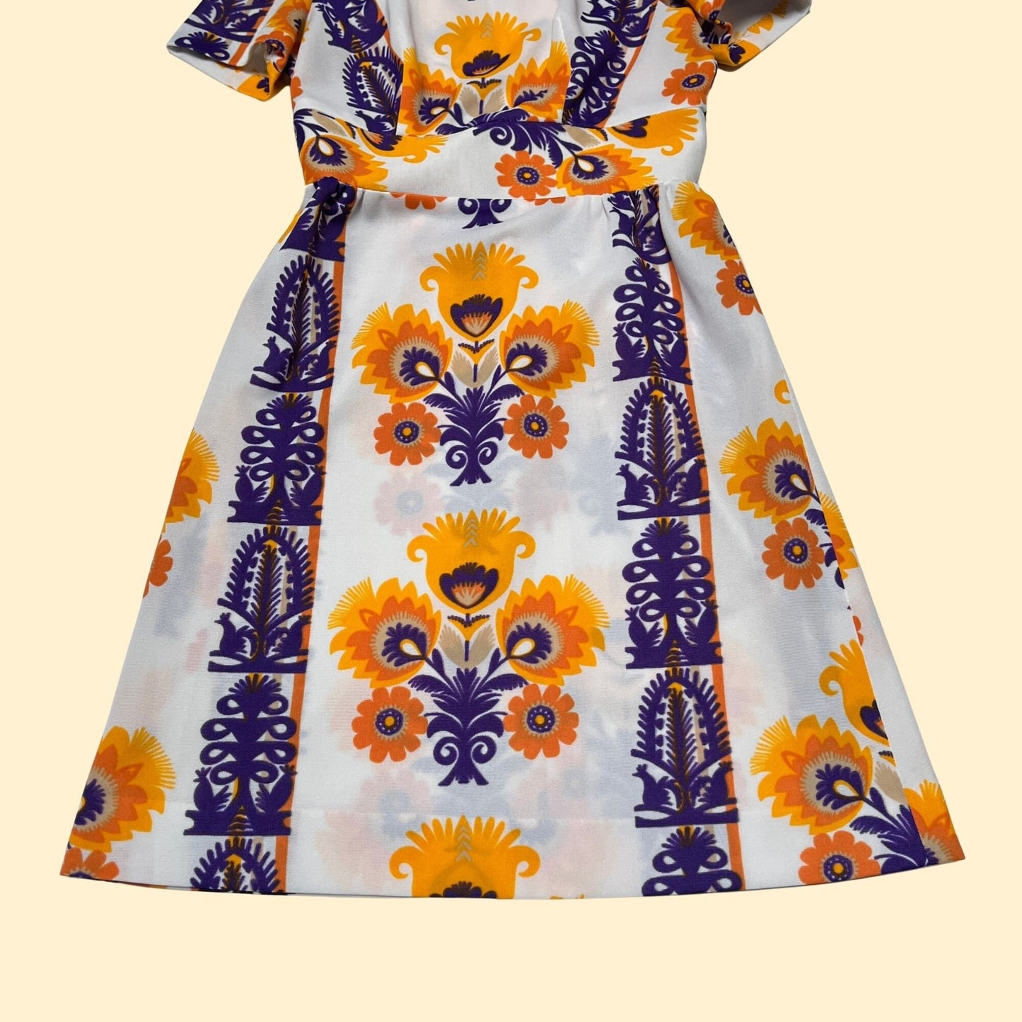 Psychedelic floral 70s dress, vintage purple & yellow patterned fit and flare dress with abstract novelty print