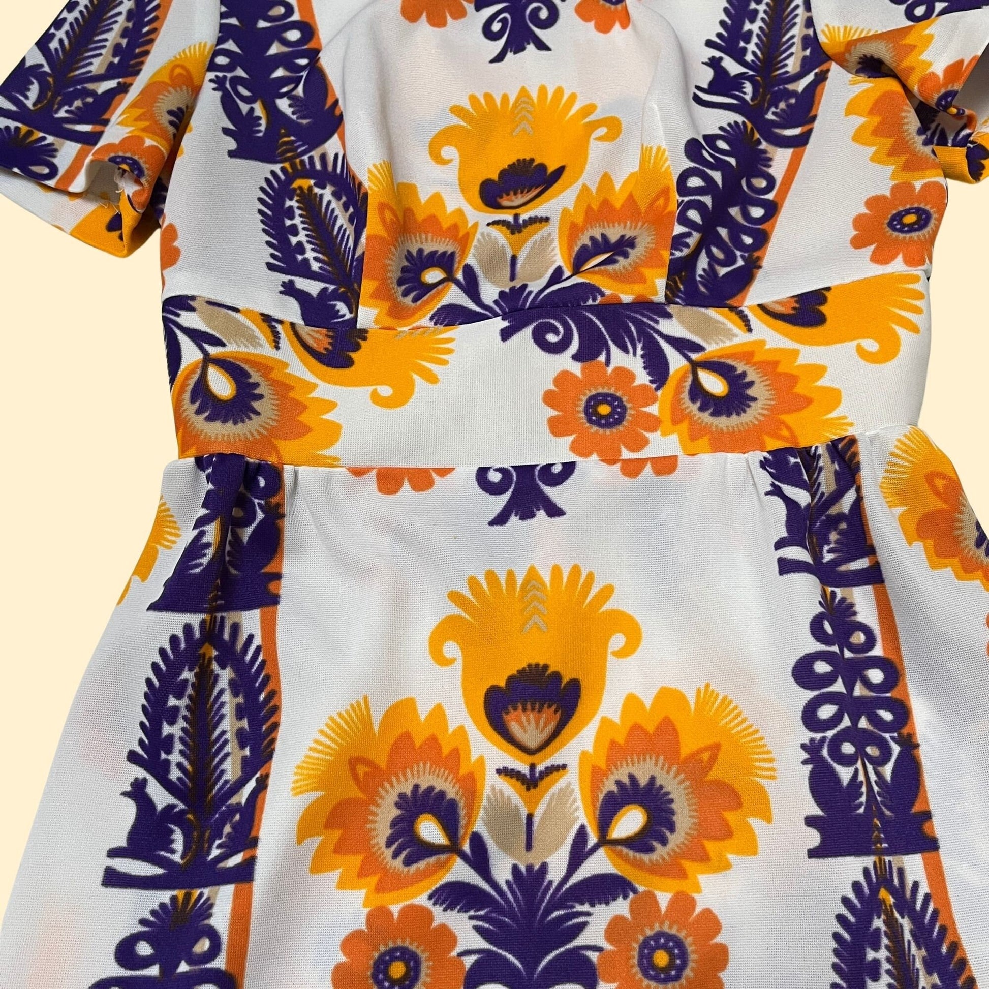 Psychedelic floral 70s dress, vintage purple & yellow patterned fit and flare dress with abstract novelty print