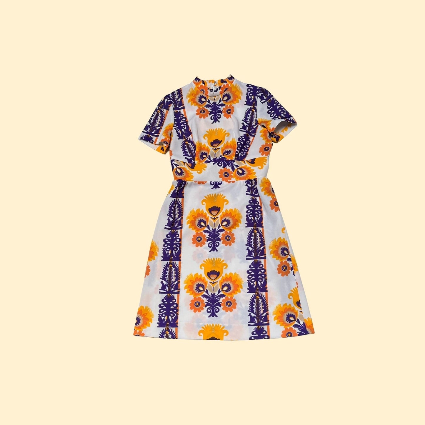 Psychedelic floral 70s dress, vintage purple & yellow patterned fit and flare dress with abstract novelty print