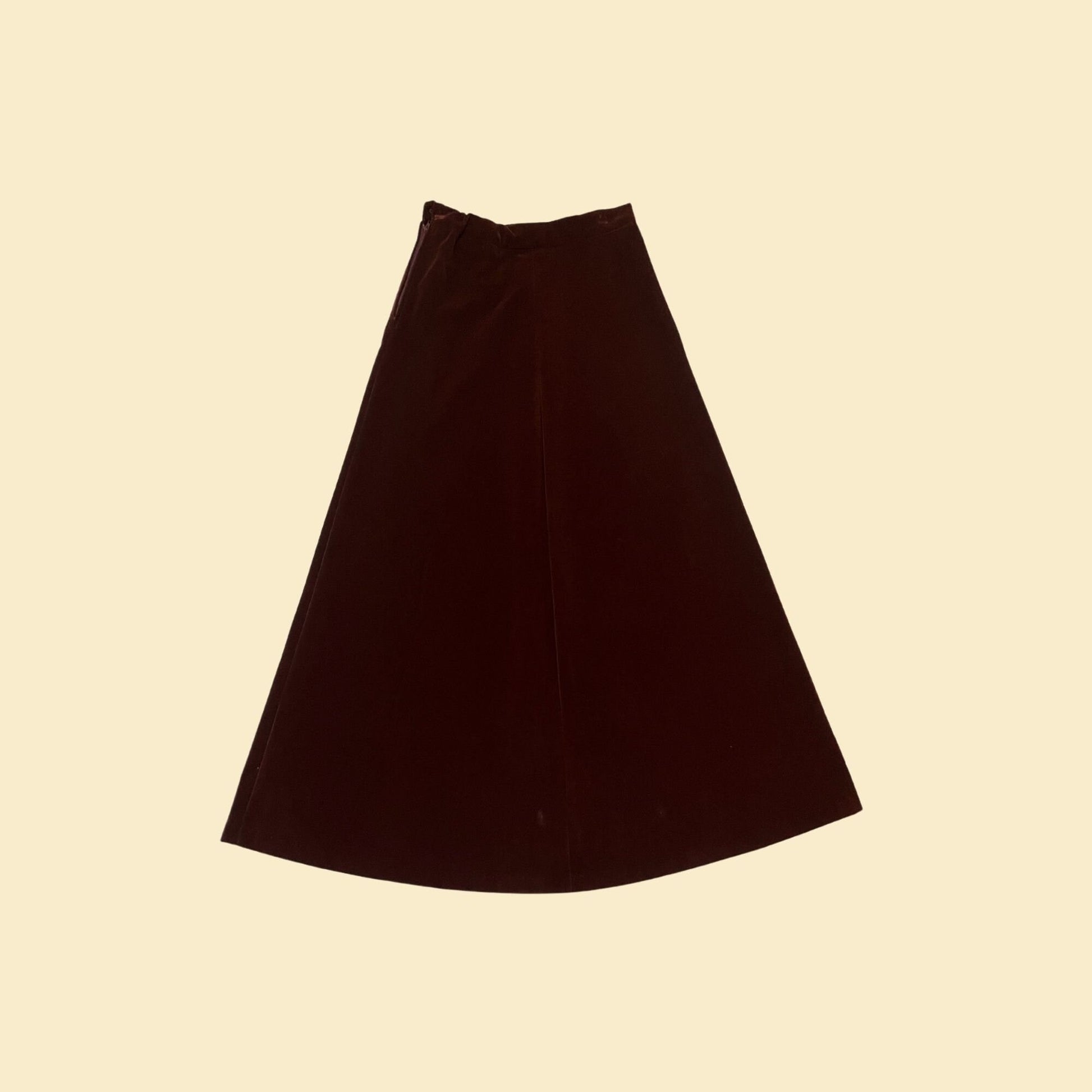 70s velvet brown skirt by Russ Girls, 24" waist, vintage 1970s a-line brown maxi skirt