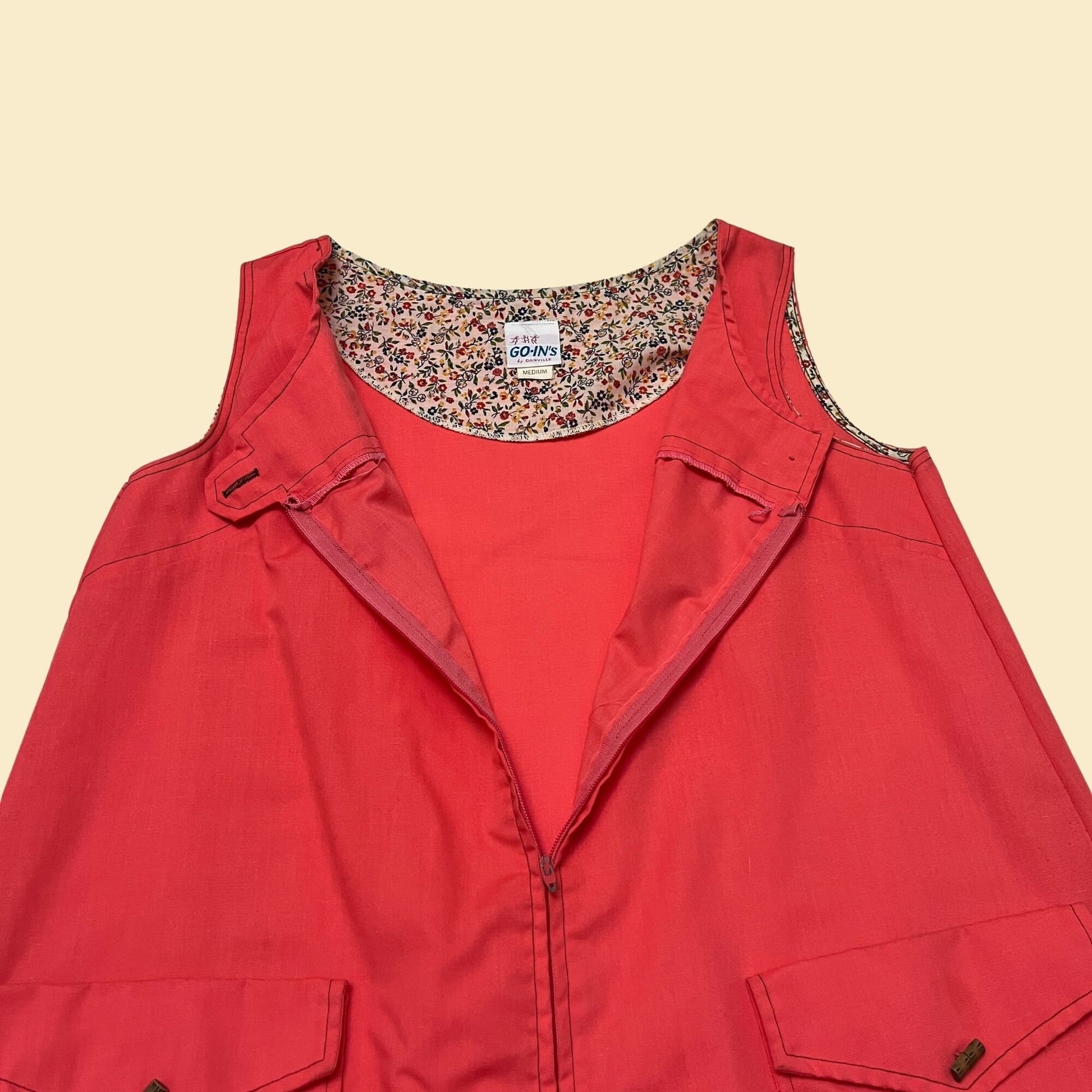 70s pink dress with front zipper and pockets, size medium 1970s women's shift dress, vintage sleeveless midi / knee length dress