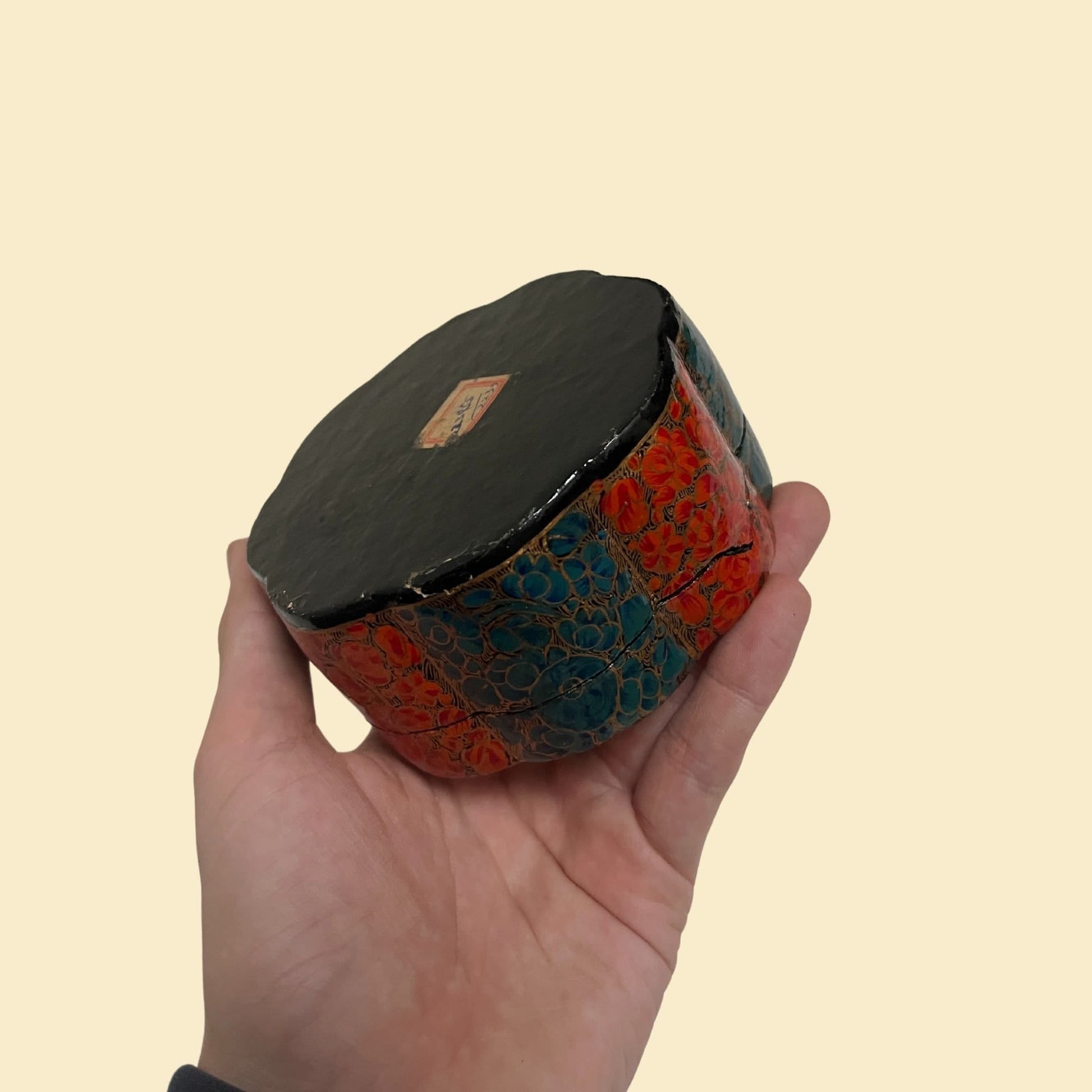 60s lacquer box with abstract gold, teal and orange design, vintage hand painted lacquerware container, 1960s jewelry box