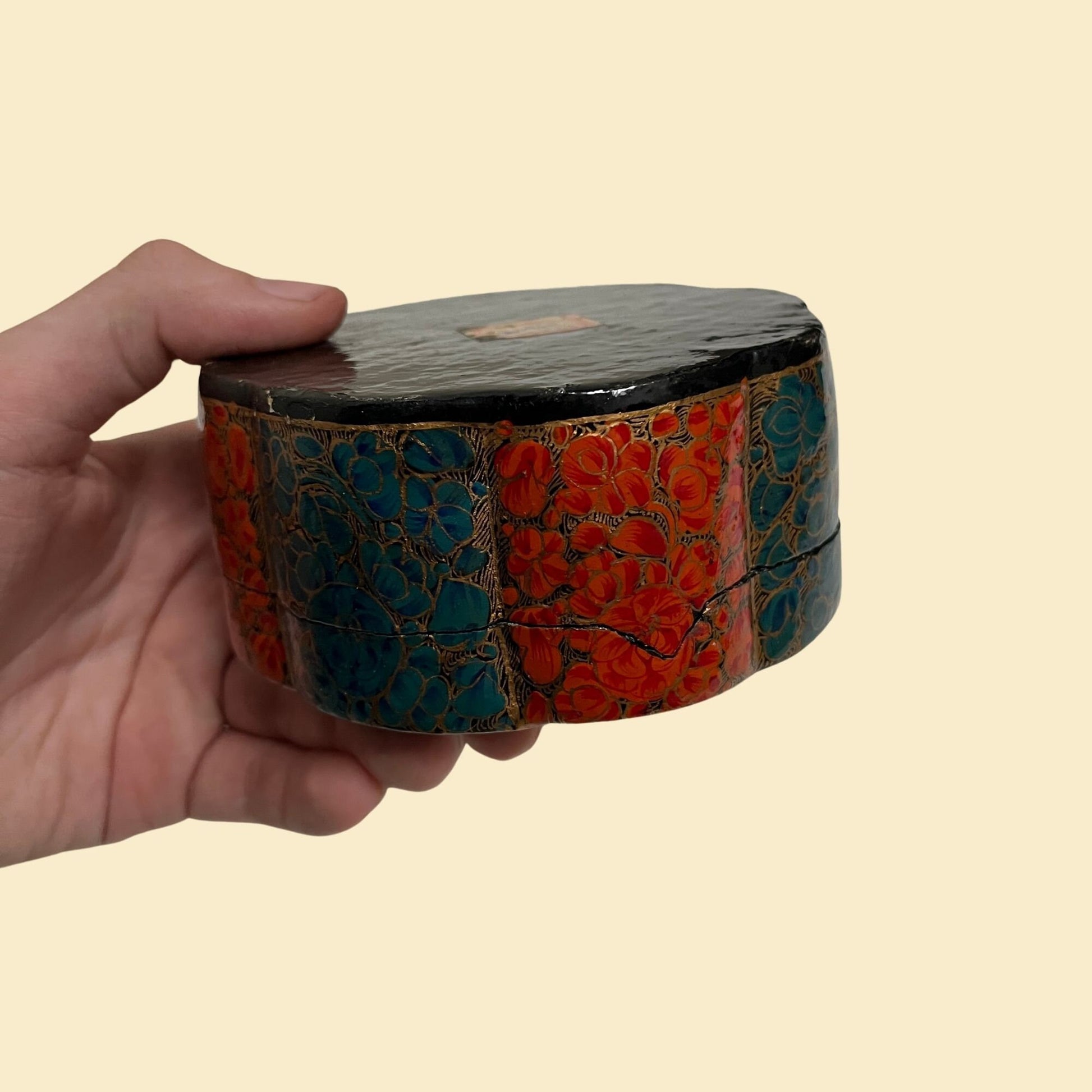 60s lacquer box with abstract gold, teal and orange design, vintage hand painted lacquerware container, 1960s jewelry box