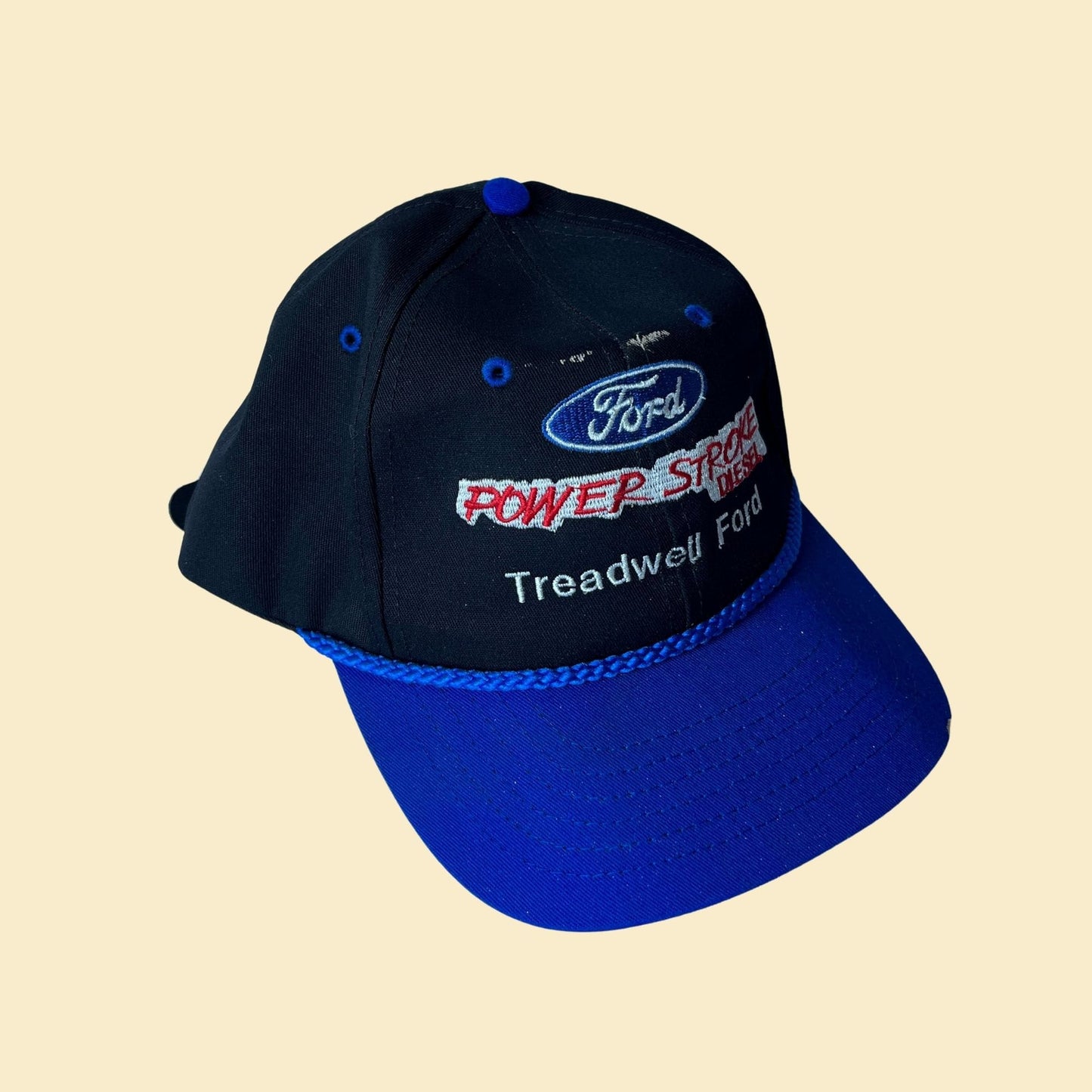 90s Ford trucker hat, 1990s vintage Ford Power Stroke Diesel baseball cap in blue and black, vintage trucker cap