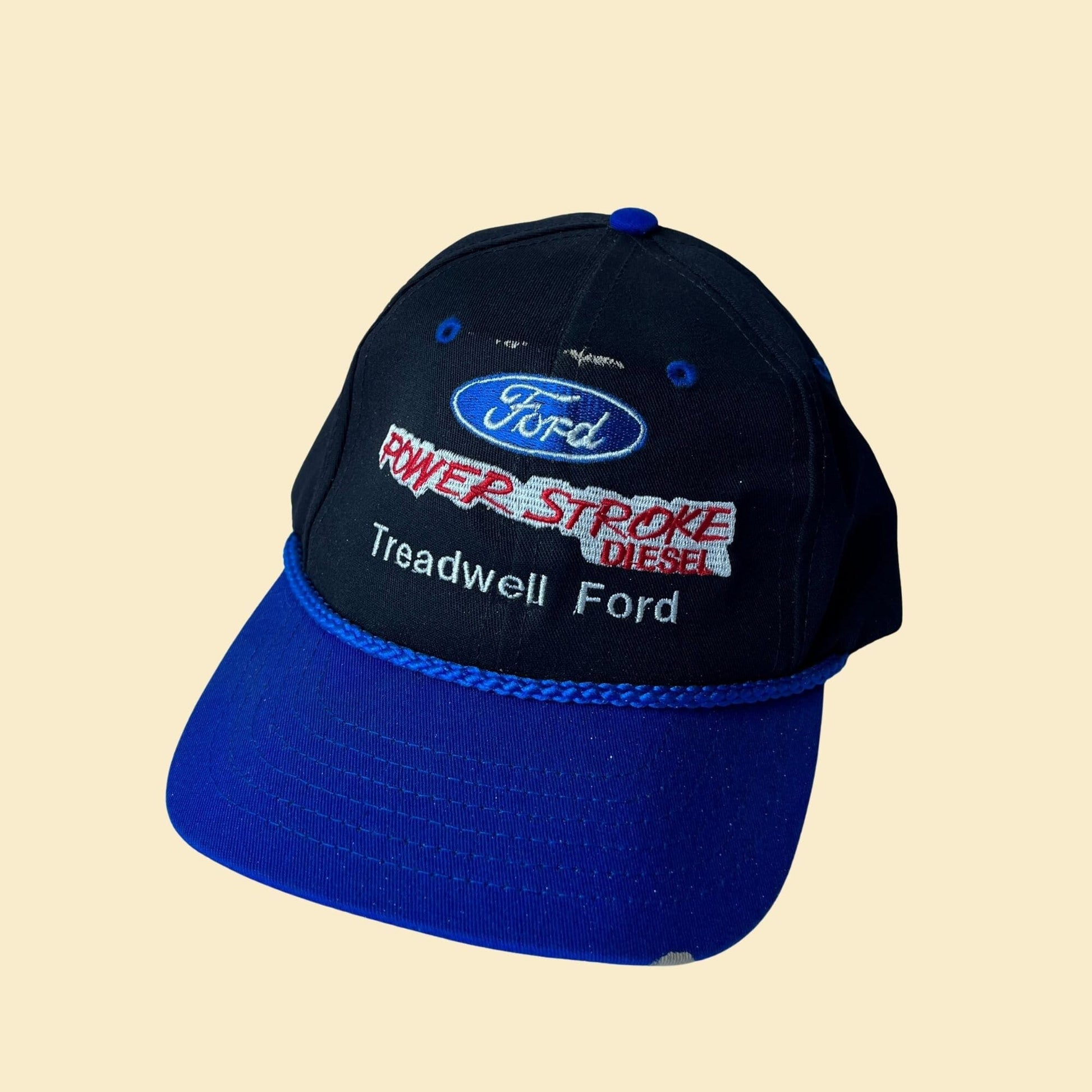 90s Ford trucker hat, 1990s vintage Ford Power Stroke Diesel baseball cap in blue and black, vintage trucker cap