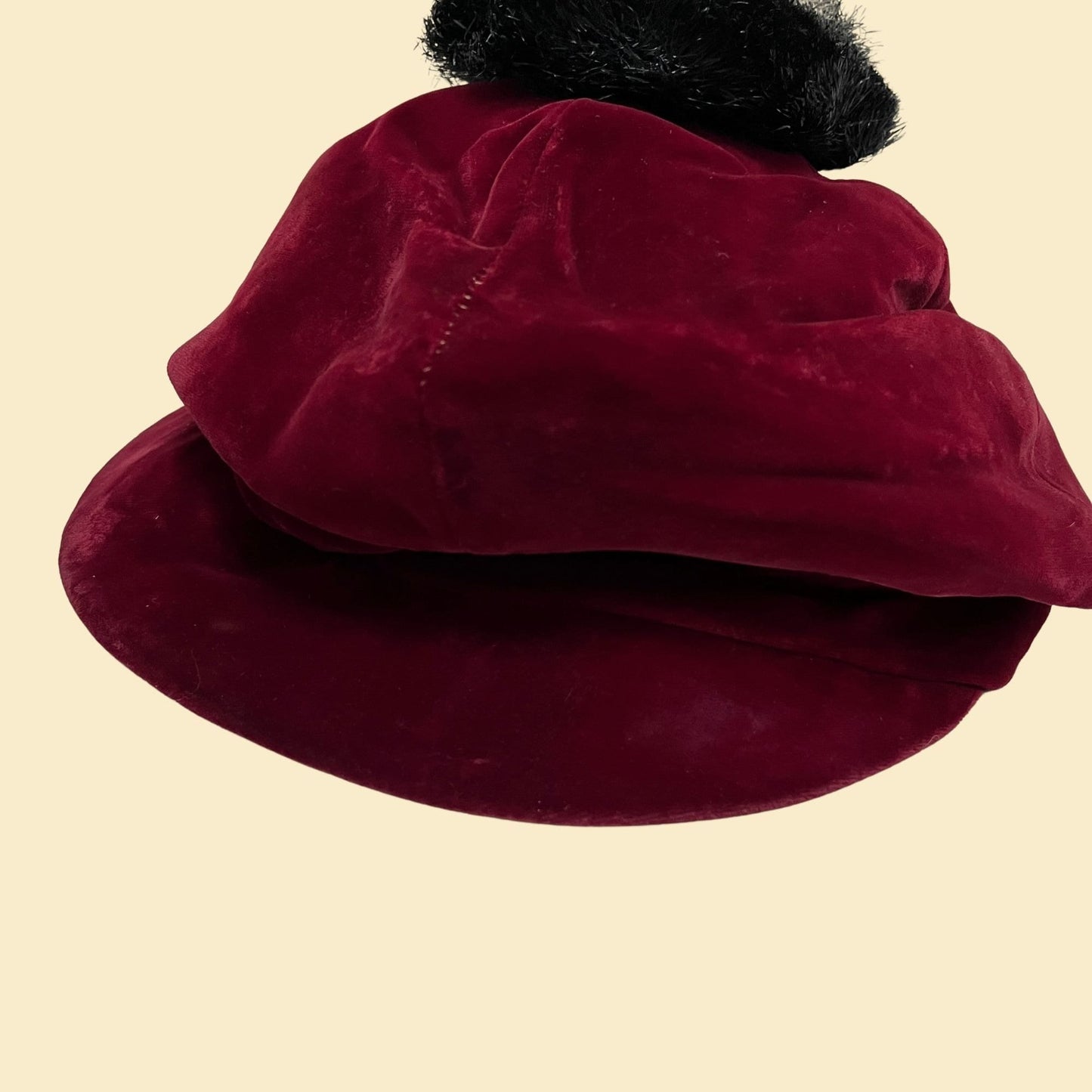 1950s velvet hat with pom pom by Adolfo II, Lord & Taylor burgundy women's cap, vintage 50s beret style hat in dark red and black