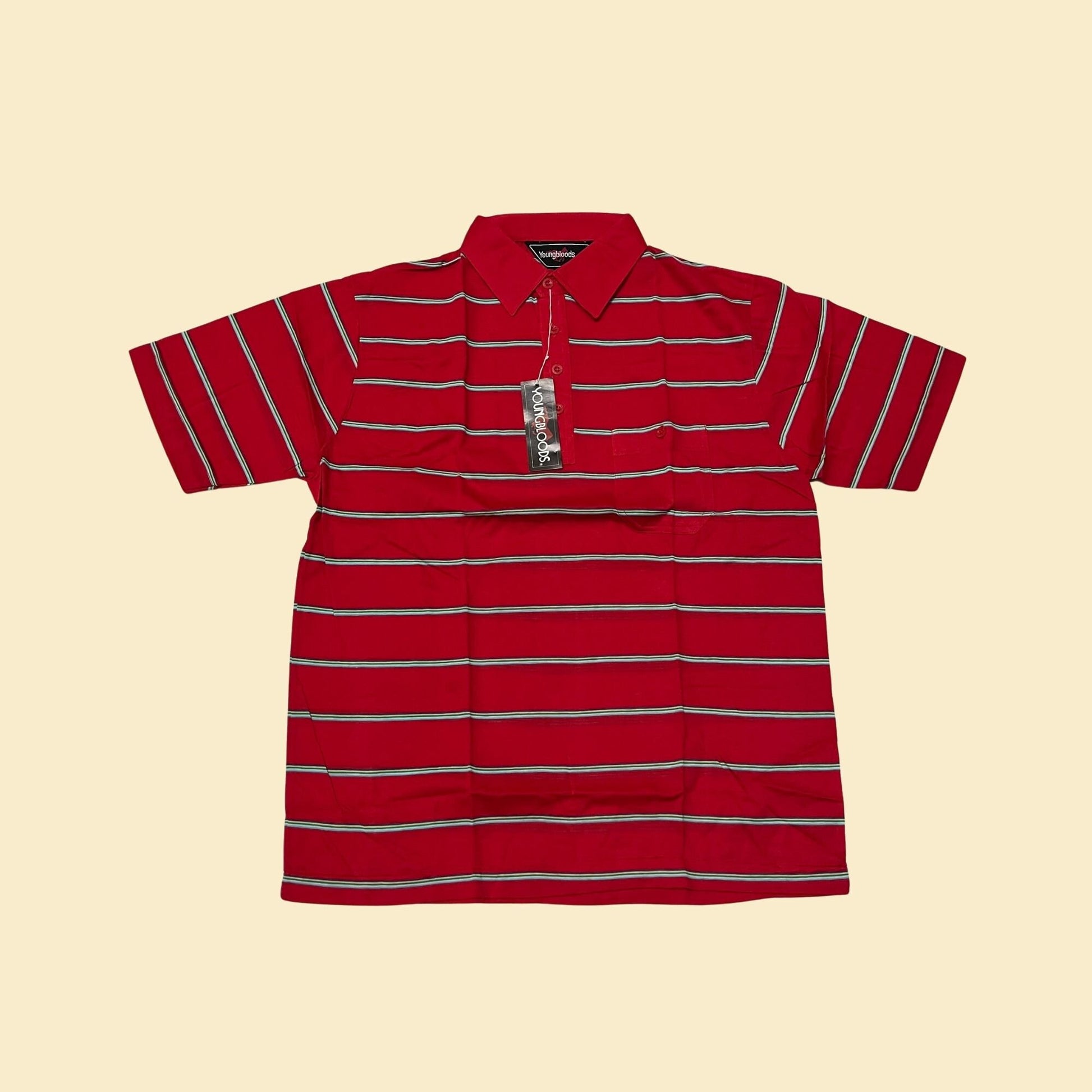 80s large red polo shirt by Younbloods, new old stock vintage striped short sleeve men's shirt, 1980s striped polo